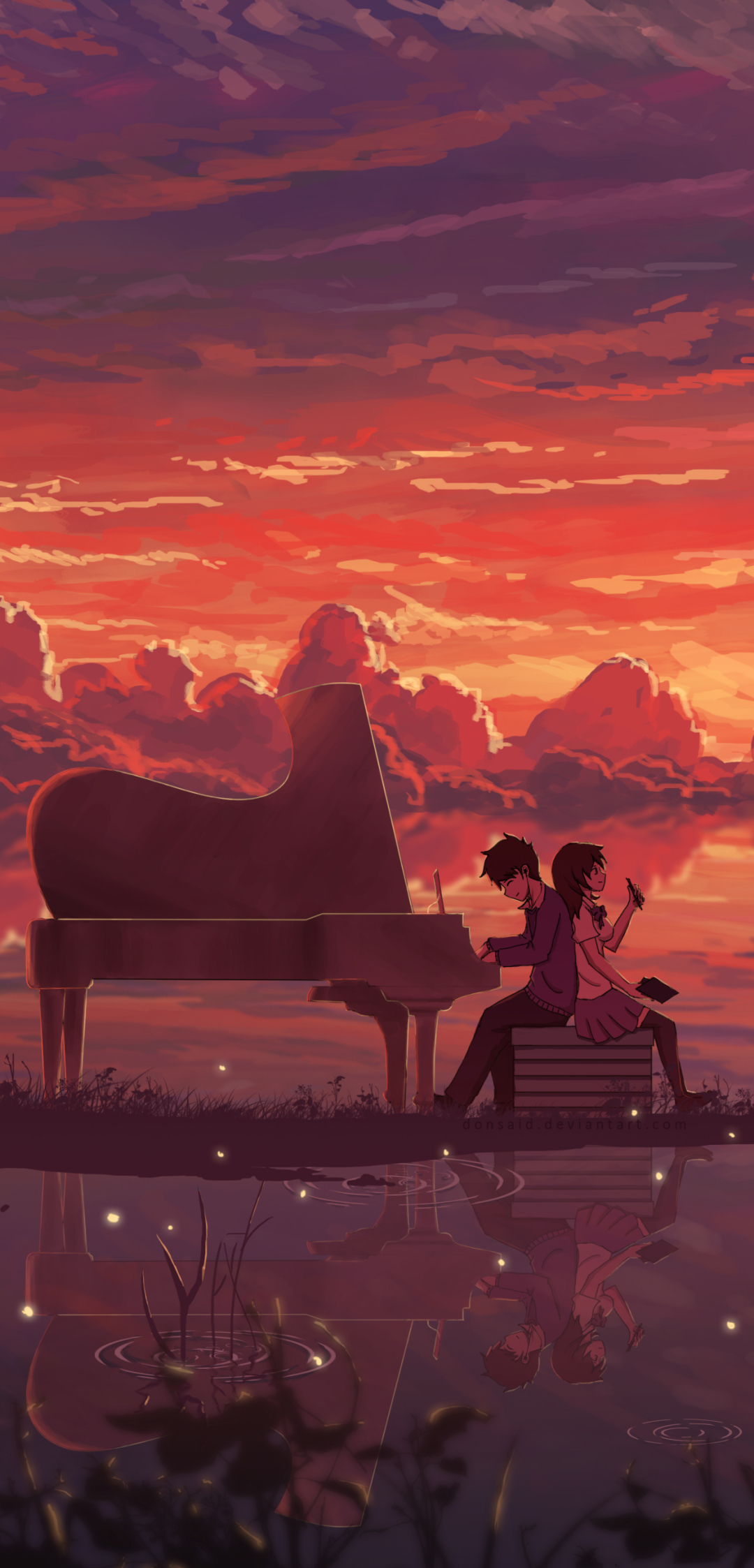 Download mobile wallpaper Anime, Sunset, Piano, Couple, Cloud for free.