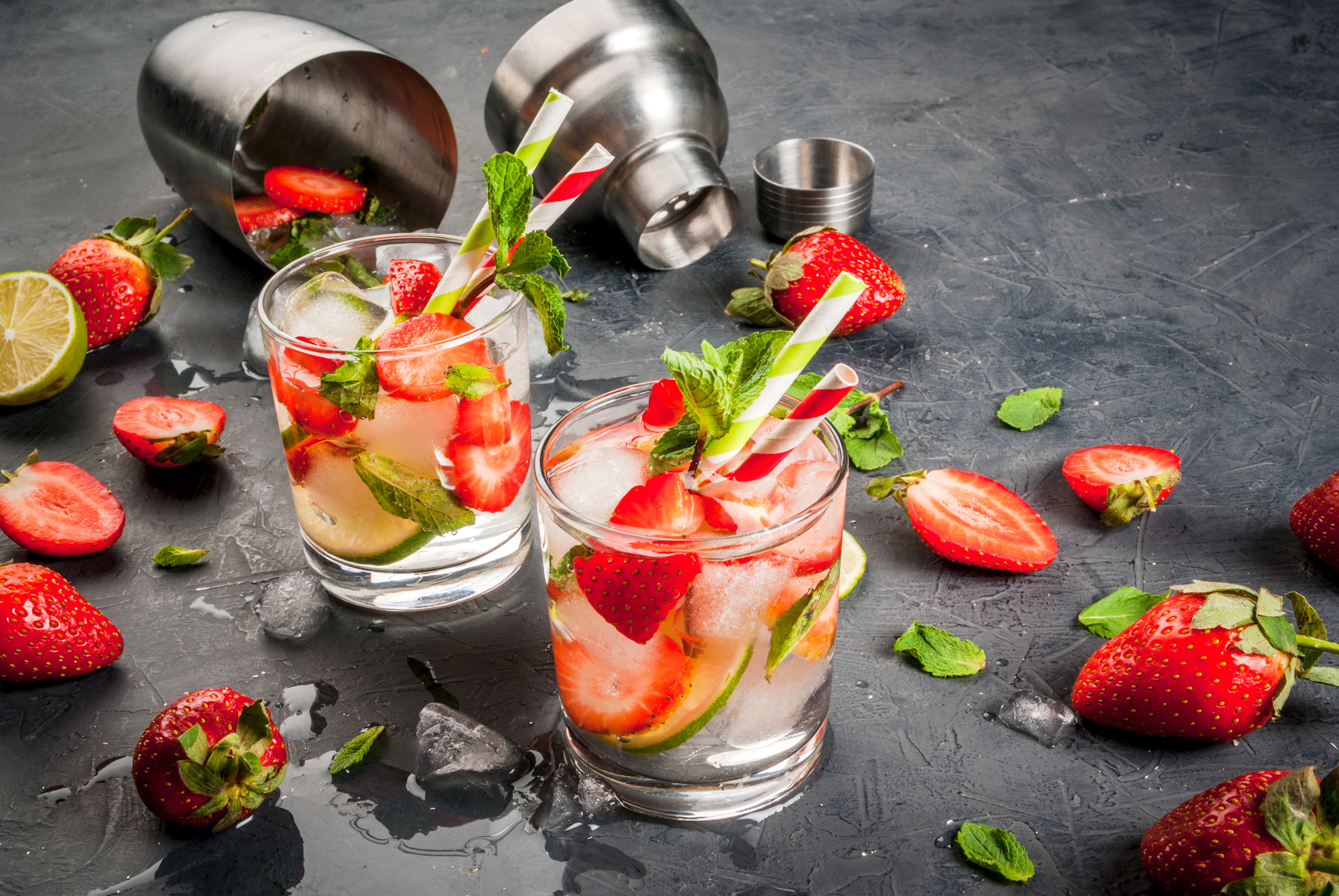 Download mobile wallpaper Food, Strawberry, Still Life, Glass, Berry, Fruit, Drink for free.