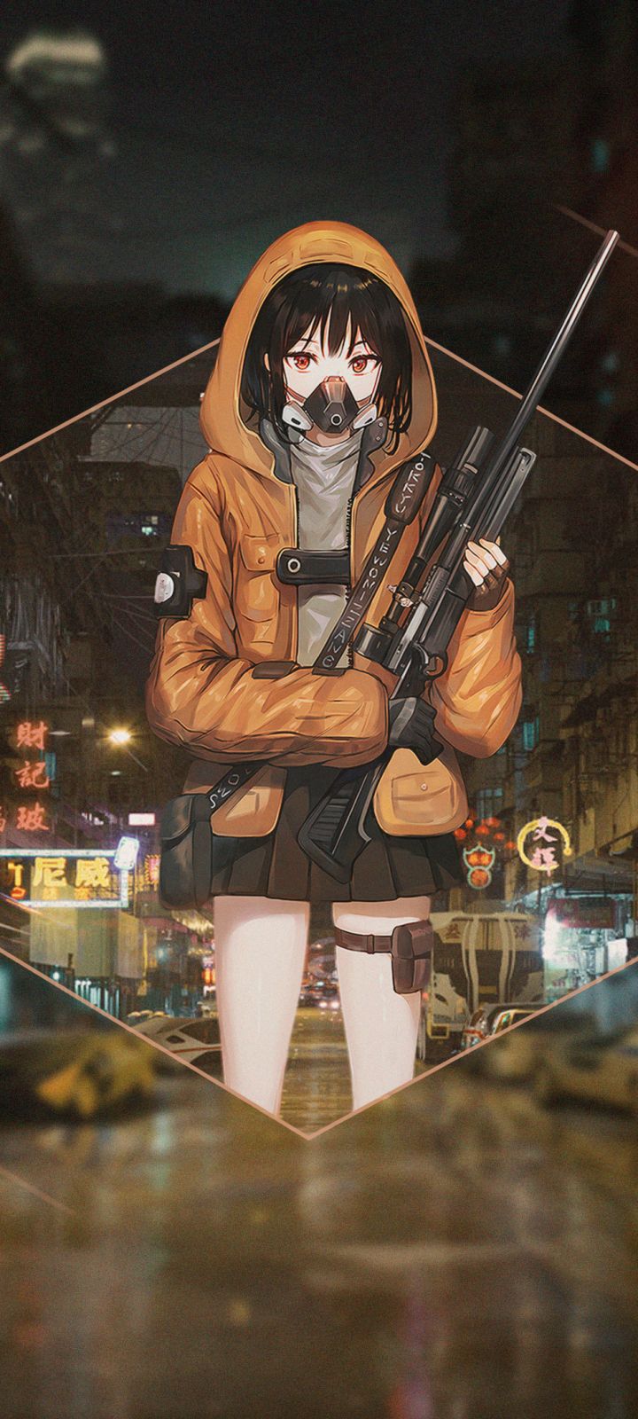 Download mobile wallpaper Anime, City, Girl, Gun, Black Hair, Picture In Picture for free.