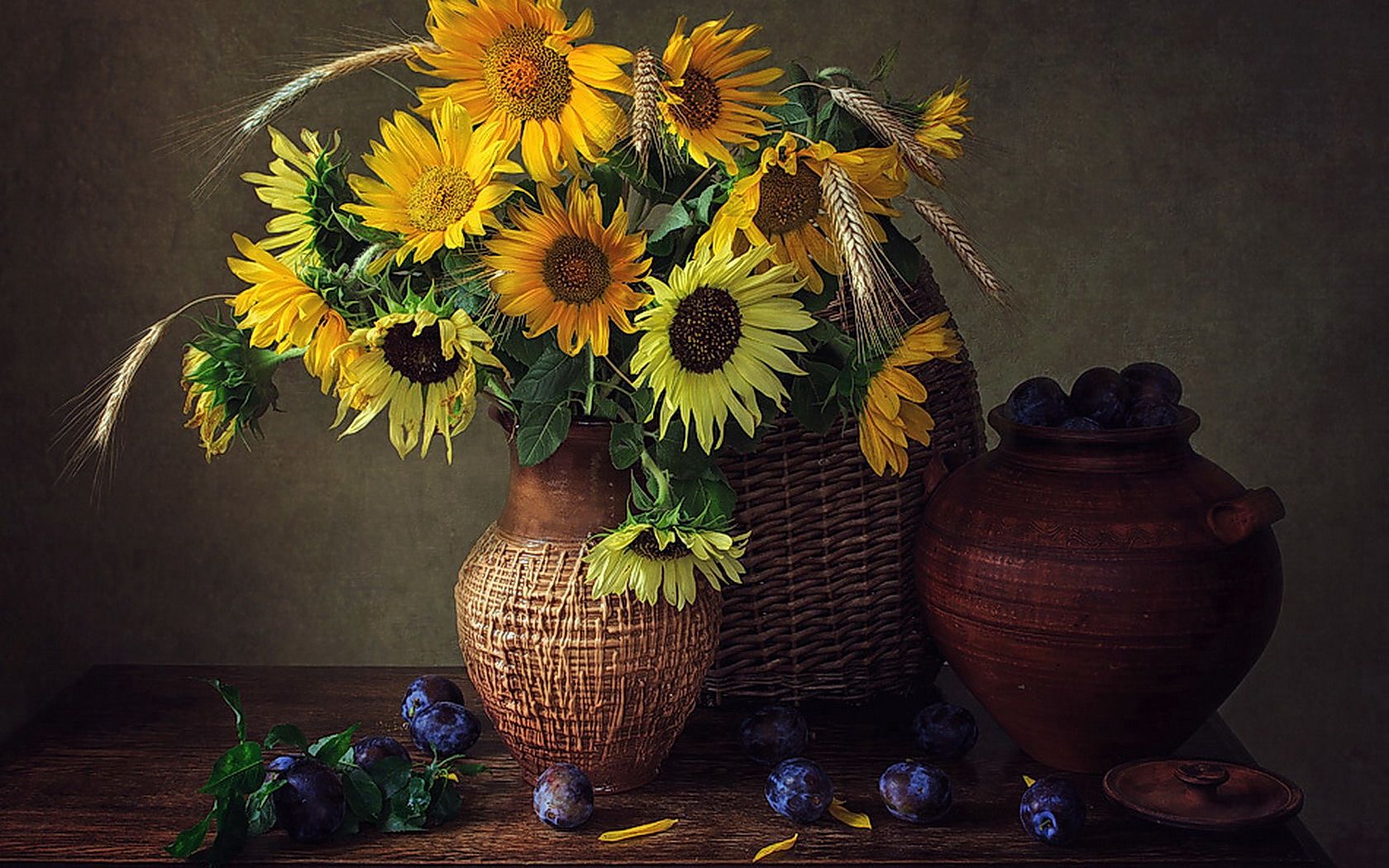 photography, still life, flower, grapes, sunflower, wicker