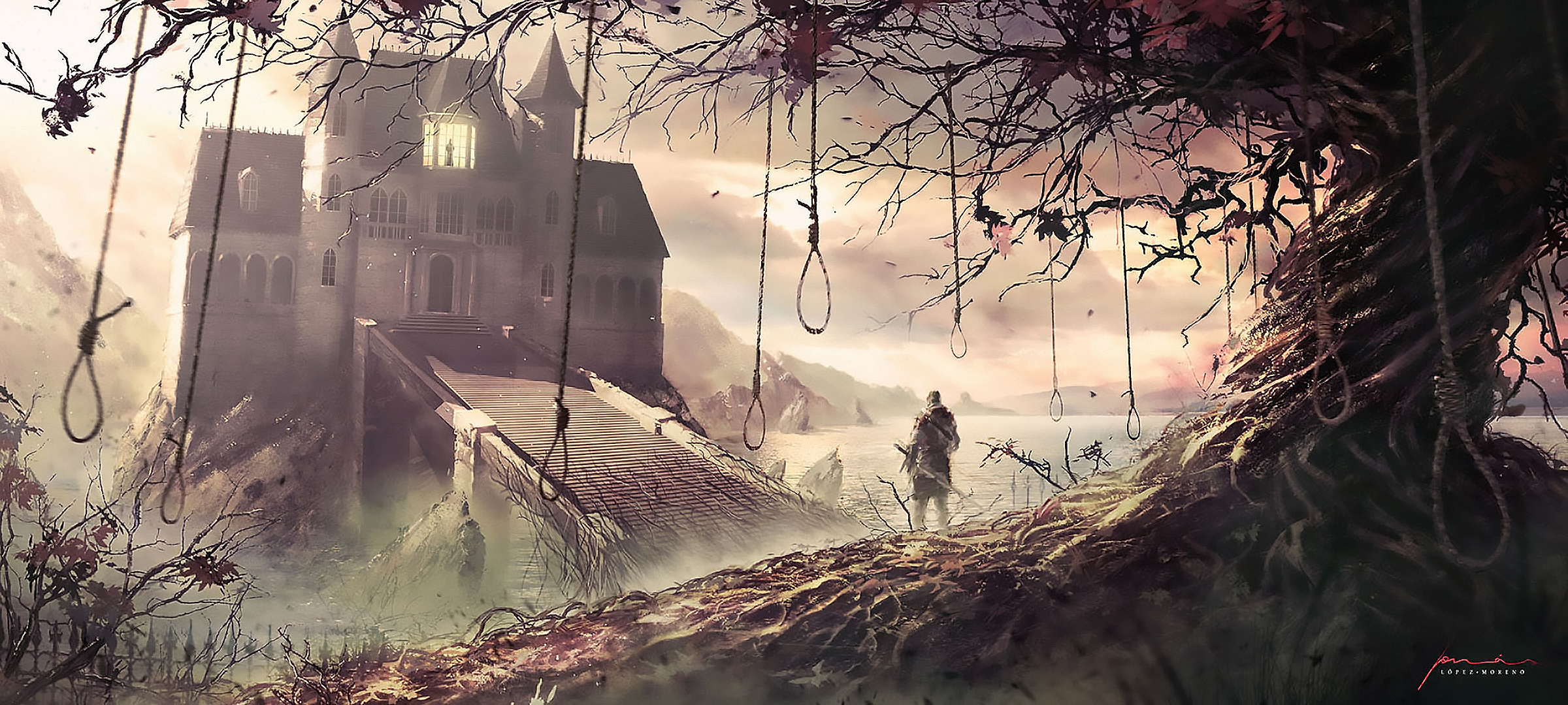 Download mobile wallpaper Fantasy, Dark, Tree, Fog, Bridge, Castle for free.
