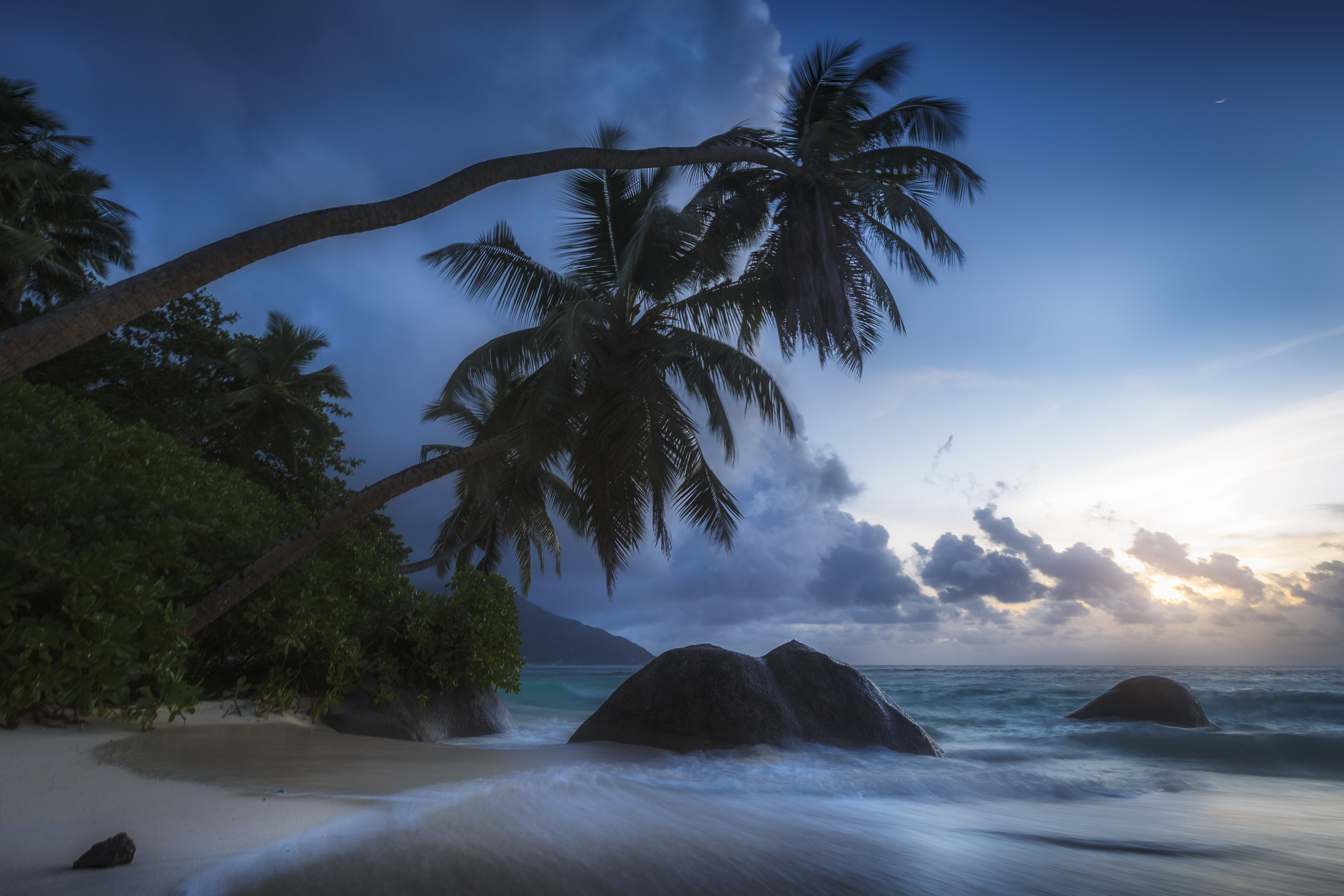 1527082 descargar fondo de pantalla tierra/naturaleza, playa, nube, horizonte, océano, palmera, mar, seychelles: protectores de pantalla e imágenes gratis