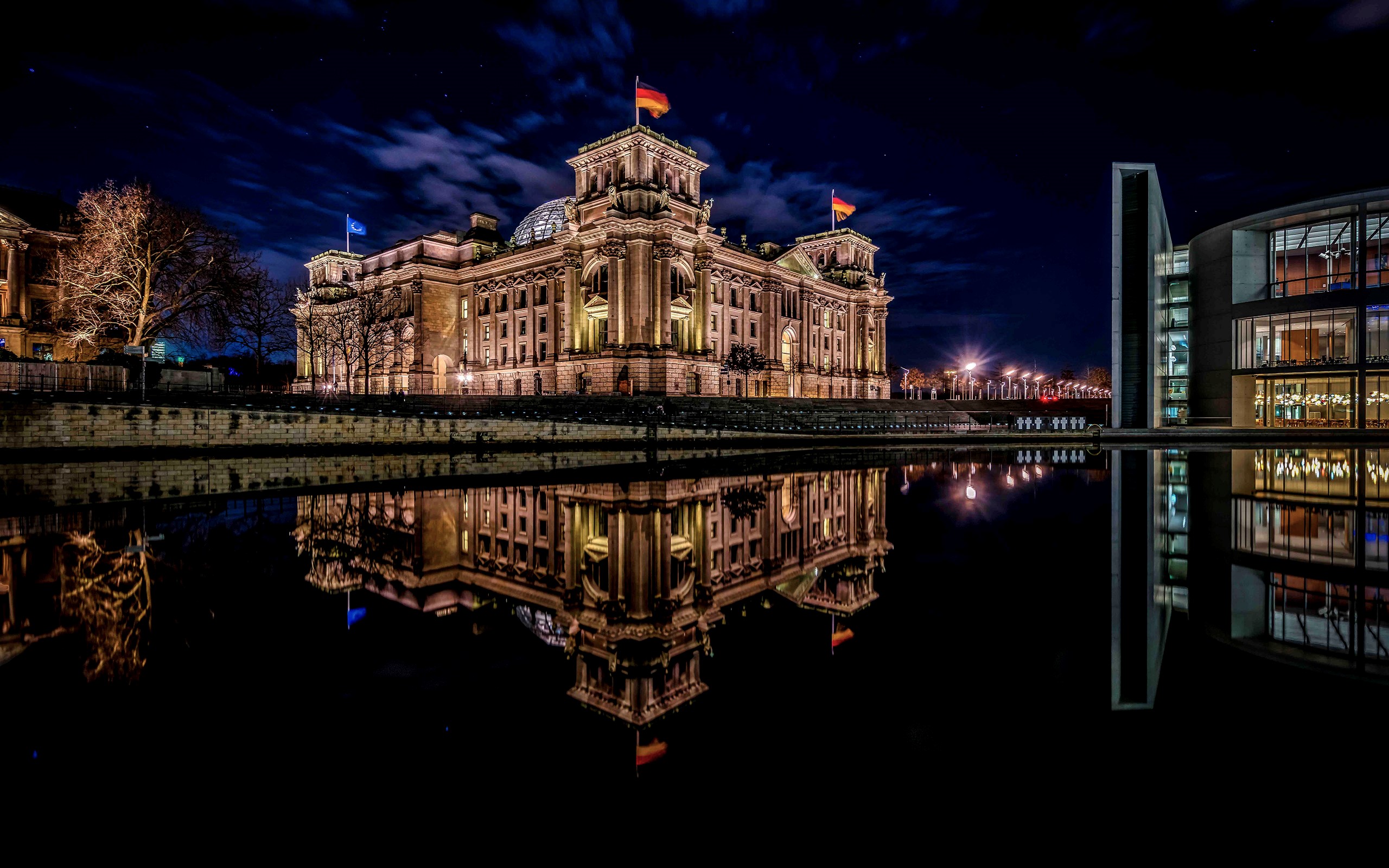 Download mobile wallpaper Night, Architecture, Berlin, Building, Reflection, Man Made for free.