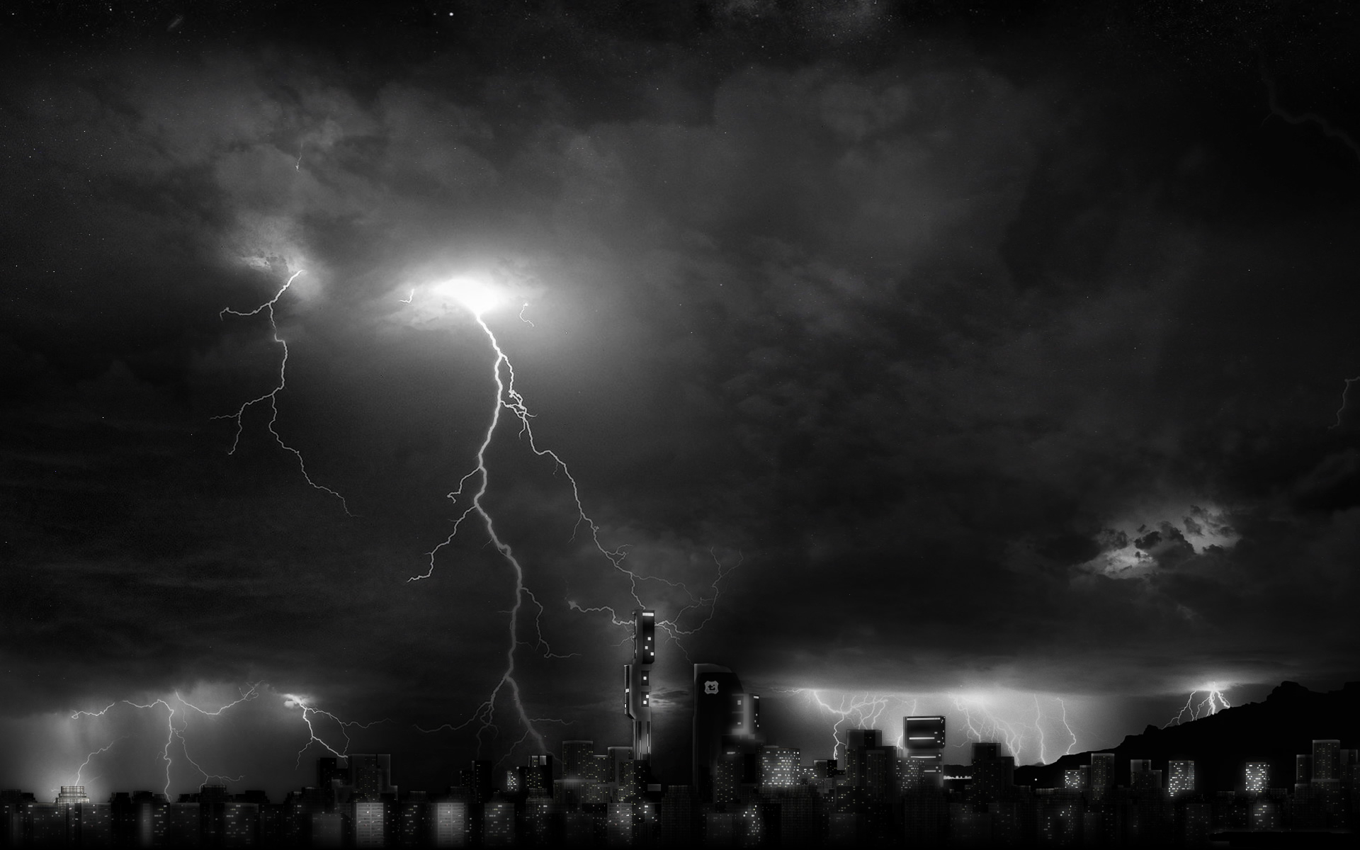 dark, city, lightning