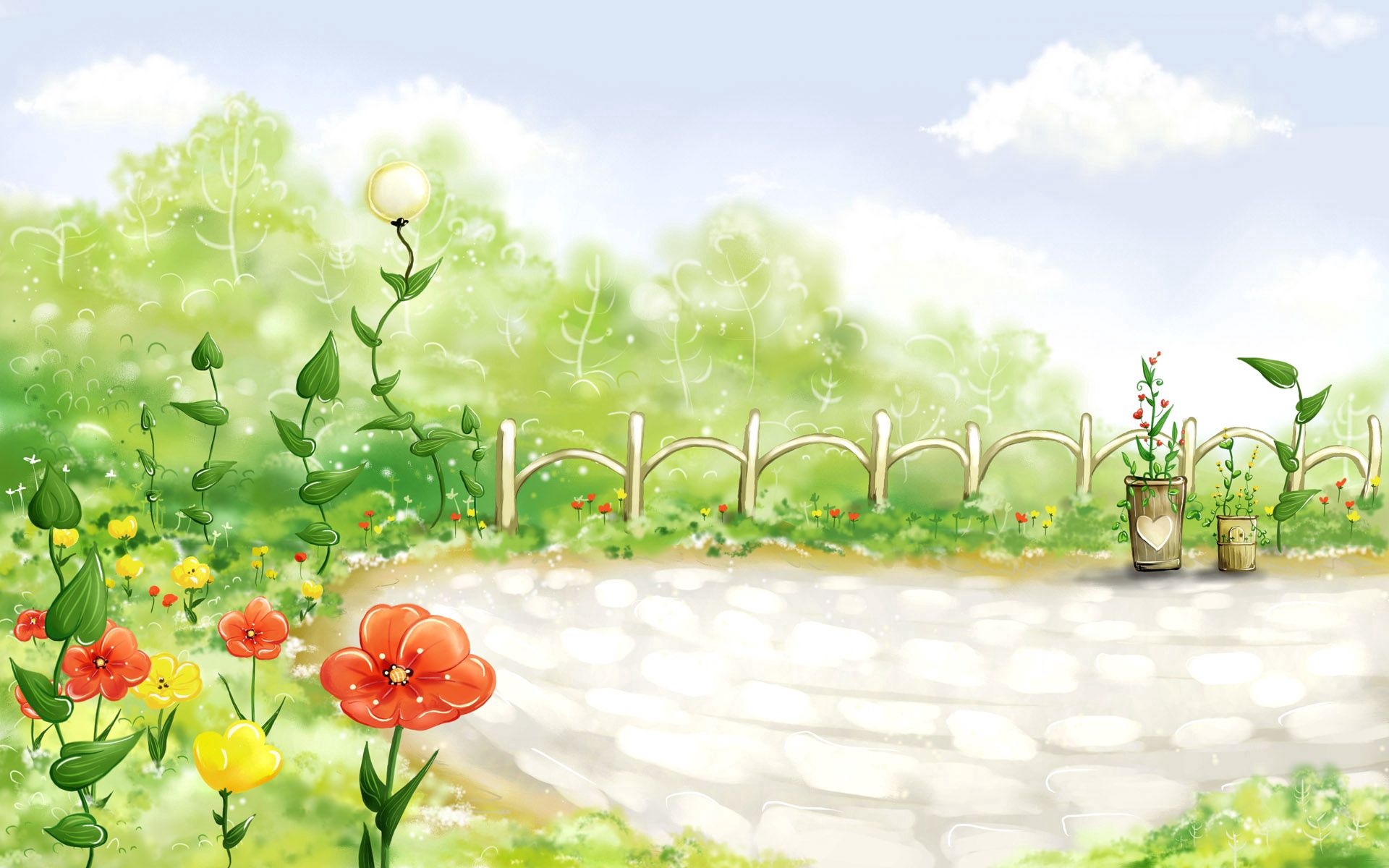 Free download wallpaper Flowers, Grass, Miscellanea, Miscellaneous, Field, Fence, Poppy, Picture, Drawing on your PC desktop