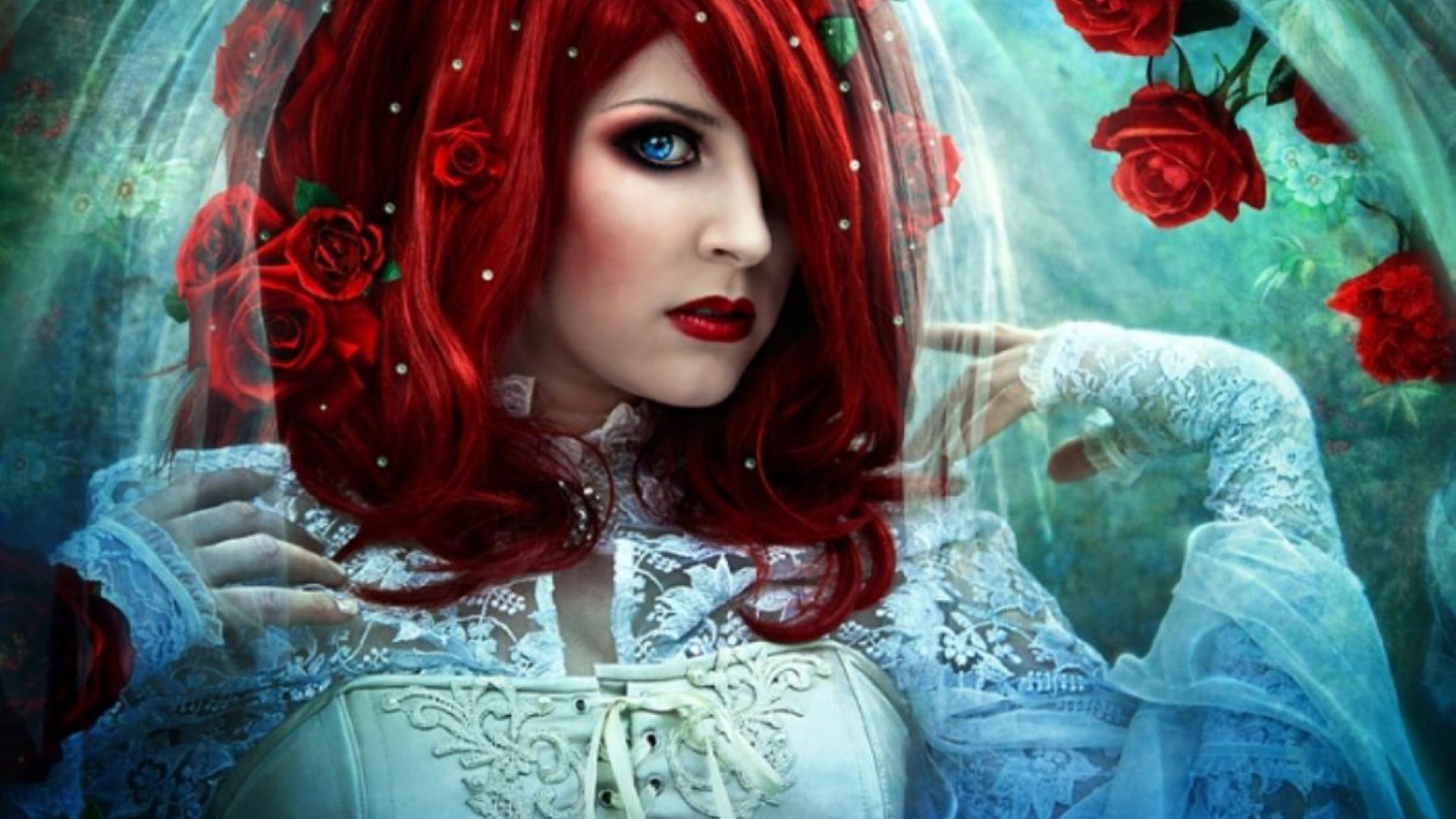 Download mobile wallpaper Fantasy, Rose, Bride, Women, Blue Eyes, Red Hair for free.