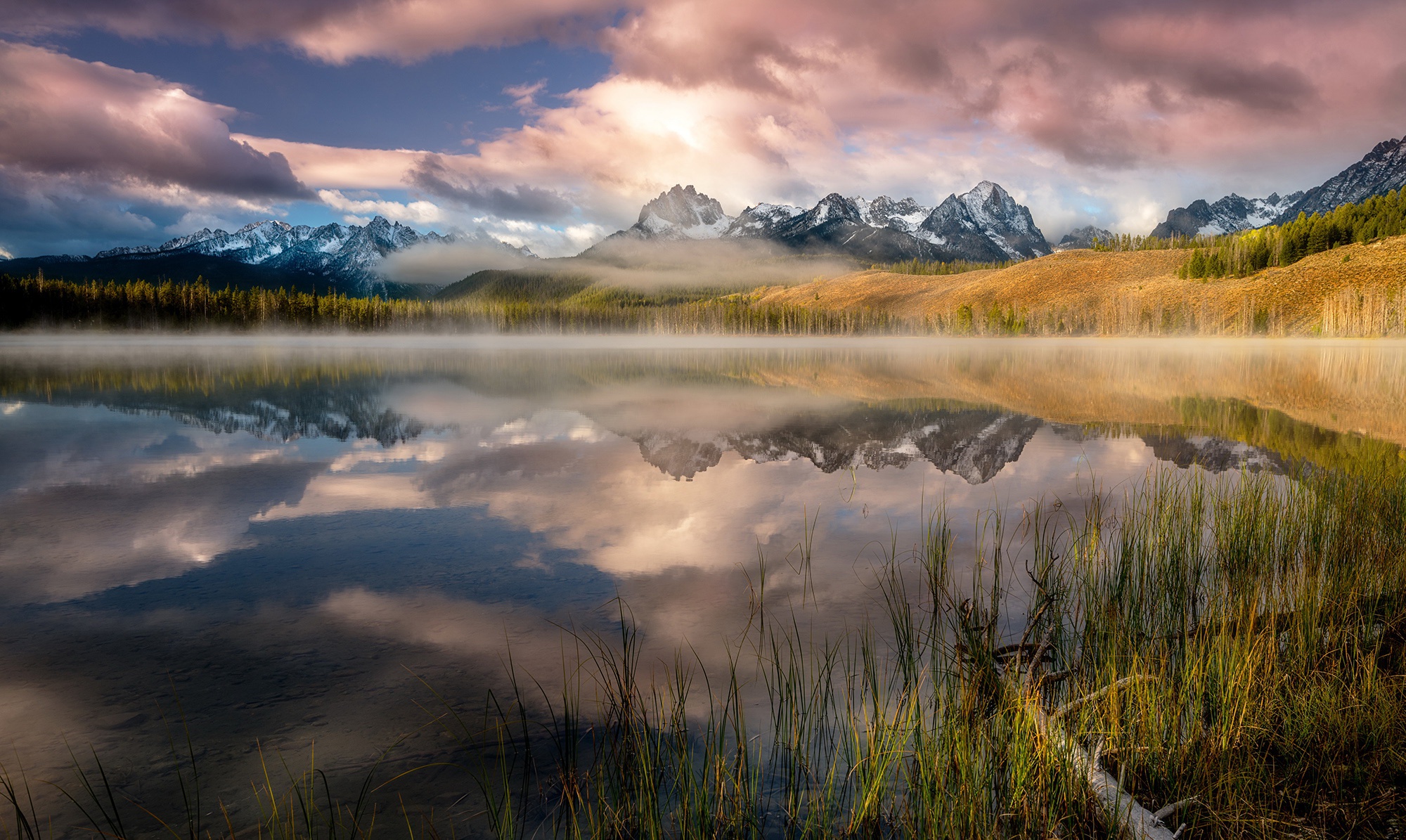 earth, reflection, cloud, lake, mountain, nature, reed