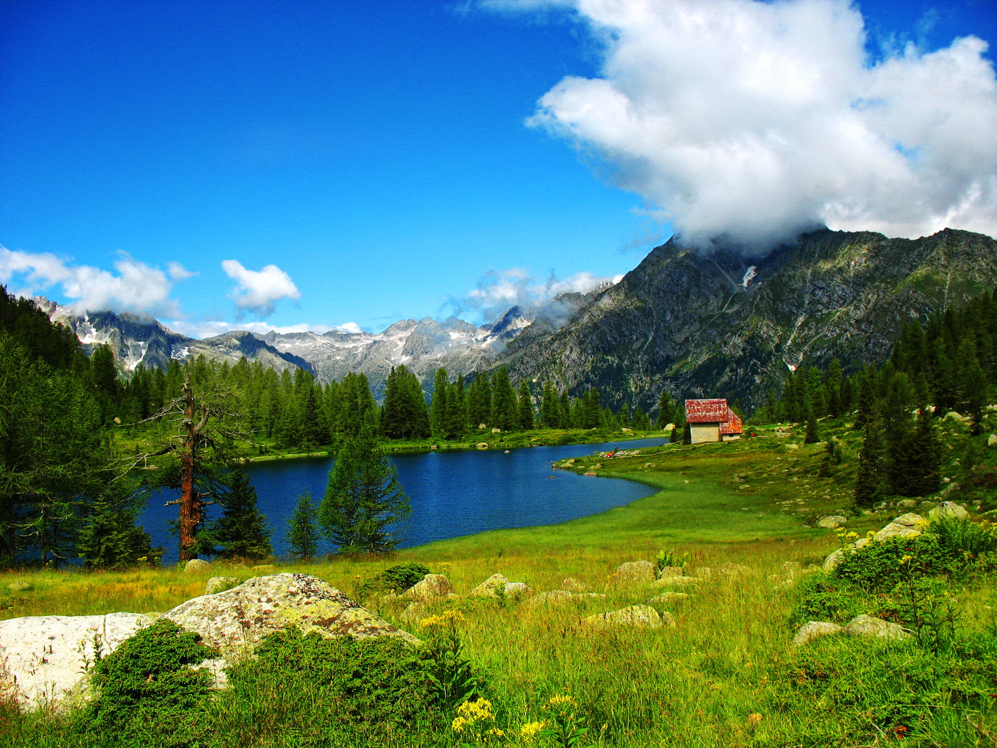 Laden Sie das Seen, See, Wald, Baum, Haus, Gebirge, Fotografie-Bild kostenlos auf Ihren PC-Desktop herunter