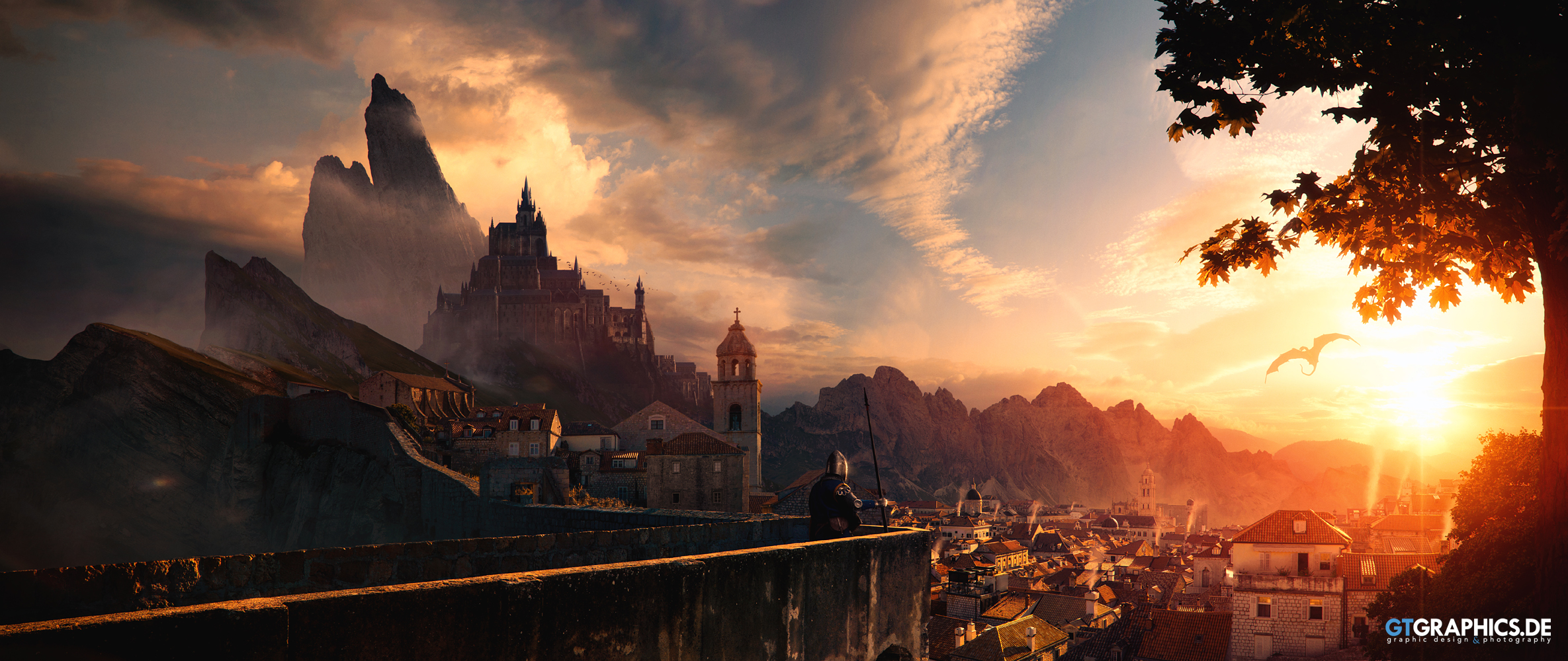 Download mobile wallpaper Fantasy, City, Building, Sunrise, Dragon, Castle for free.