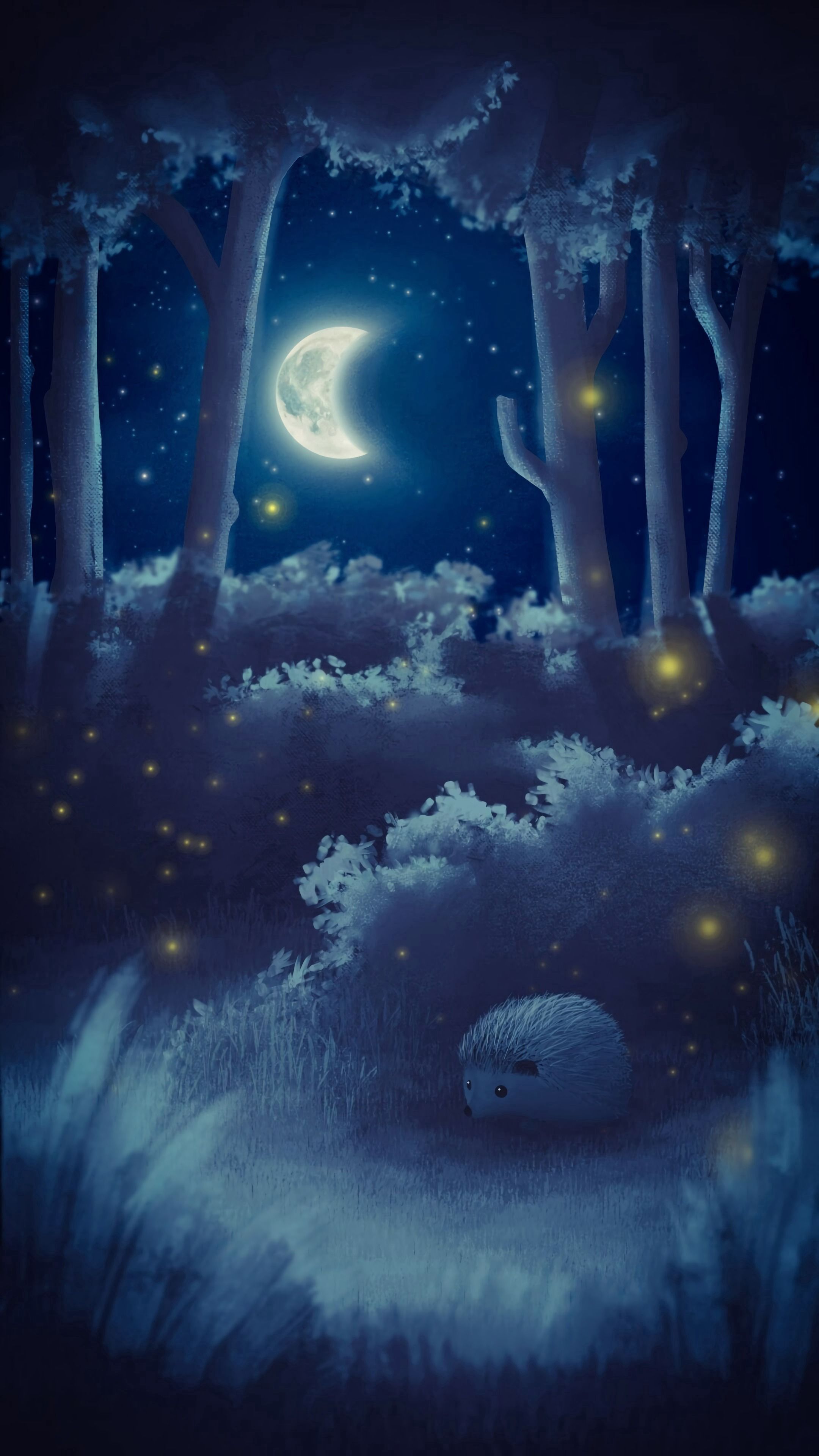art, hedgehog, night, moon, forest