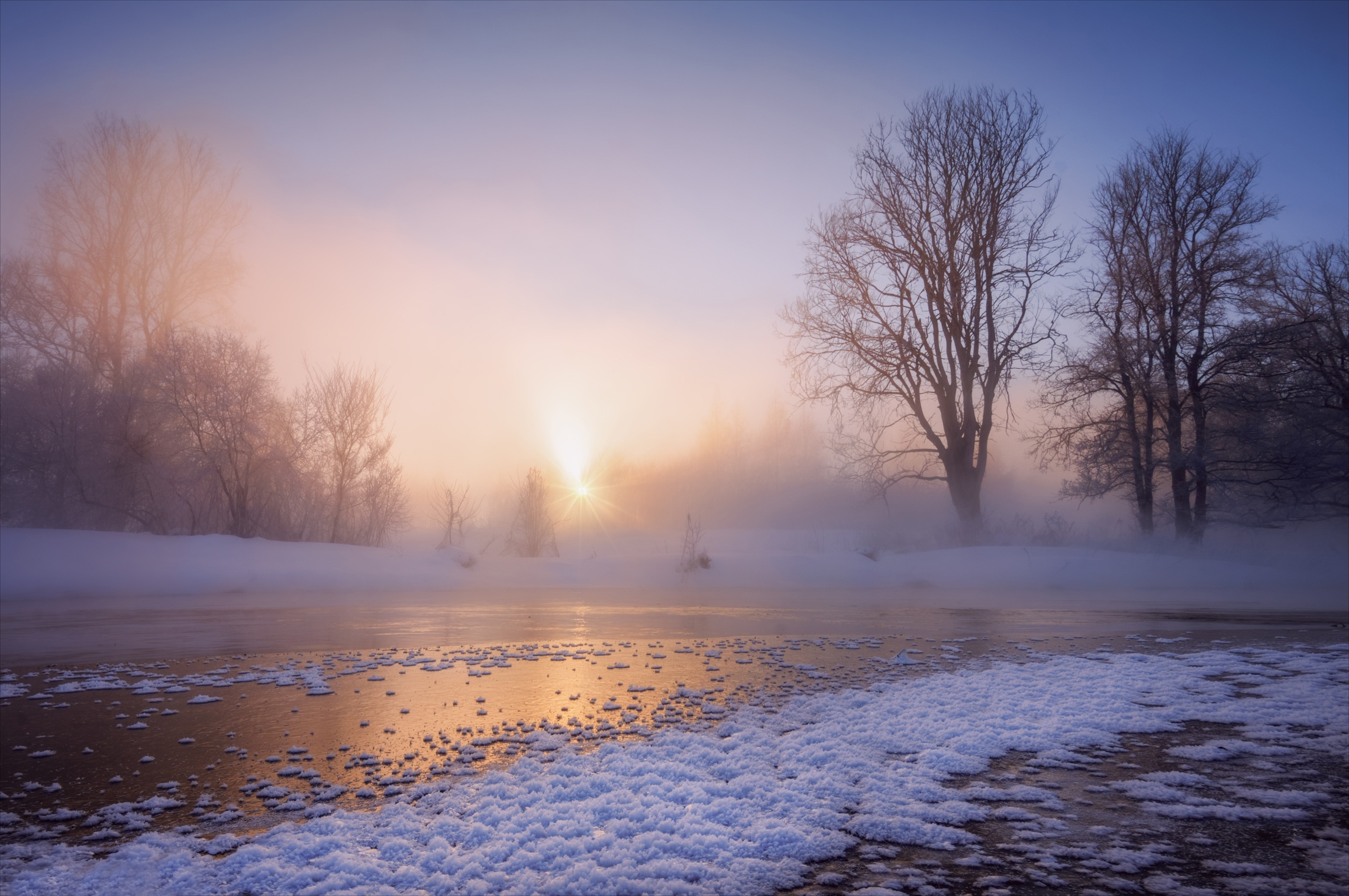 Free download wallpaper Winter, Snow, Dawn, Tree, Earth, Morning, Frost, Russia, River on your PC desktop