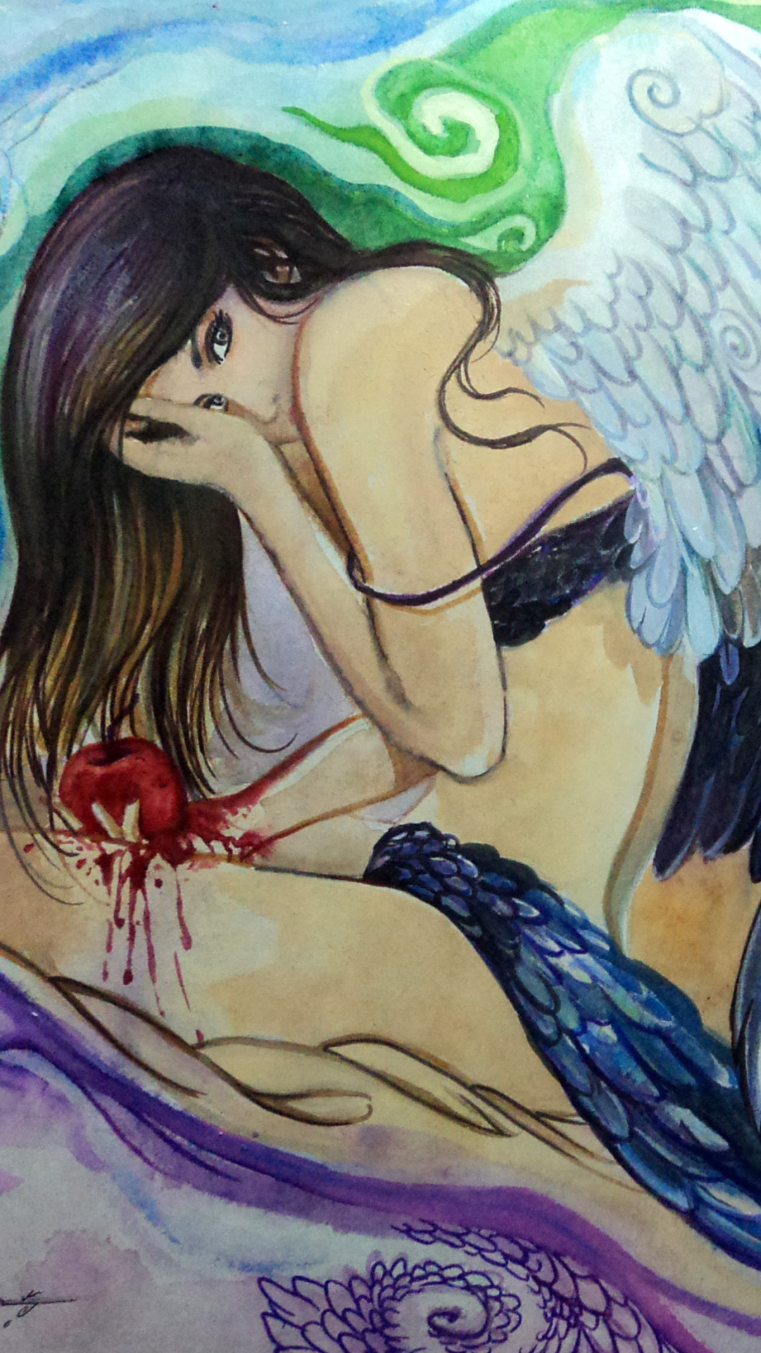 Download mobile wallpaper Fantasy, Blood, Wings, Sad, Angel for free.