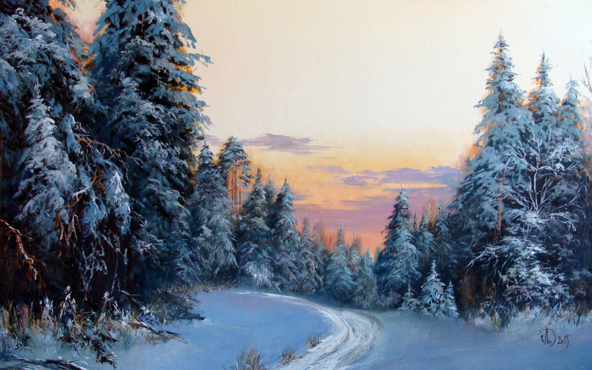 Laden Sie das Winter, Wald, Pfad, Malerei, Sonnenuntergang, Erde/natur-Bild kostenlos auf Ihren PC-Desktop herunter