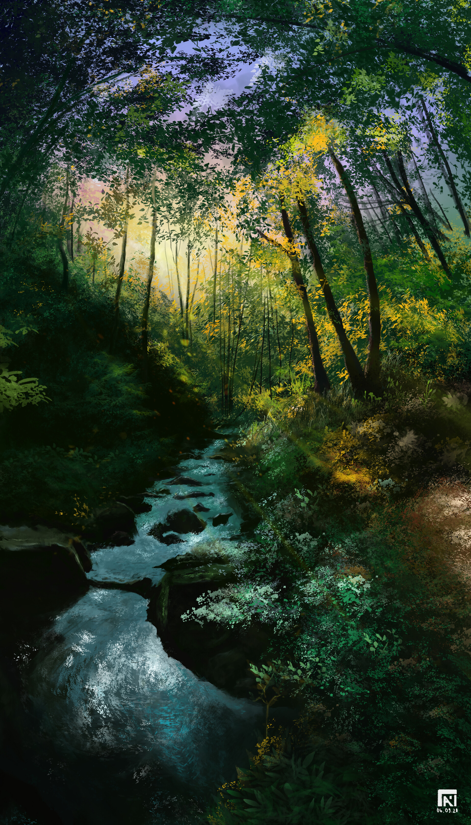 Free download wallpaper Trees, Creek, Brook, Rivers, Forest, Art on your PC desktop