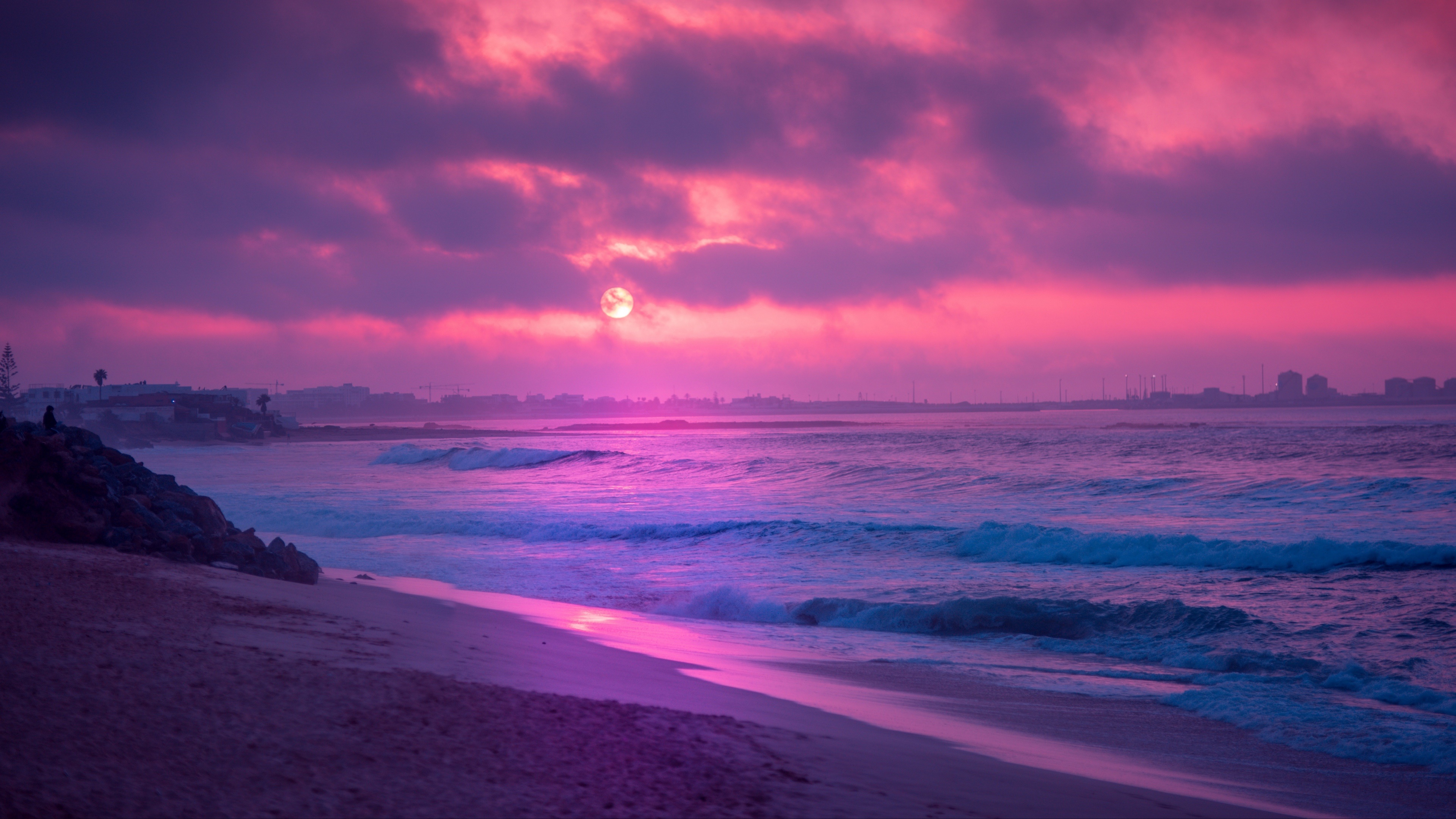 無料モバイル壁紙日没, ビーチ, 海洋, 地球, 紫のをダウンロードします。