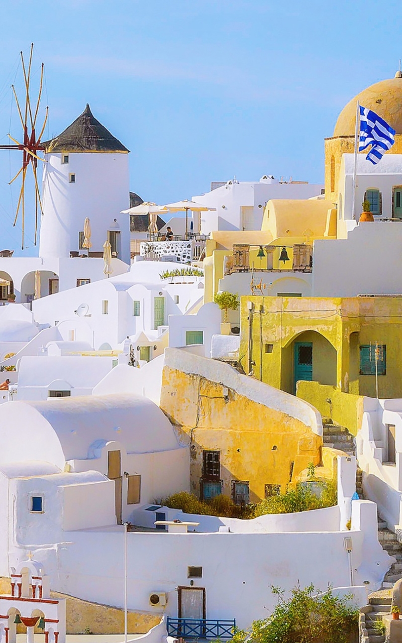 Download mobile wallpaper Building, House, Greece, Town, Windmill, Santorini, Man Made, Towns for free.