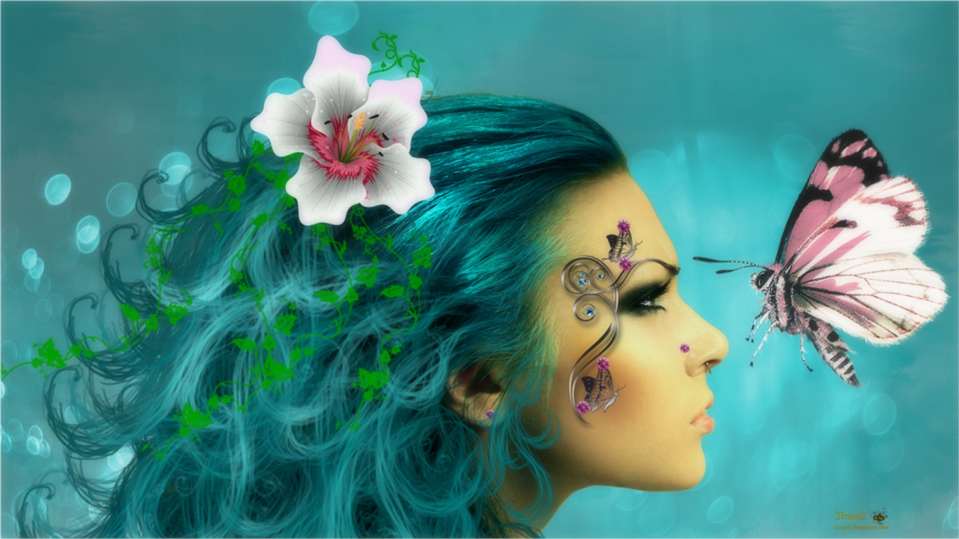 Handy-Wallpaper Schmetterlinge, Fantasie, Lilie, Frauen, Blaue Haare kostenlos herunterladen.