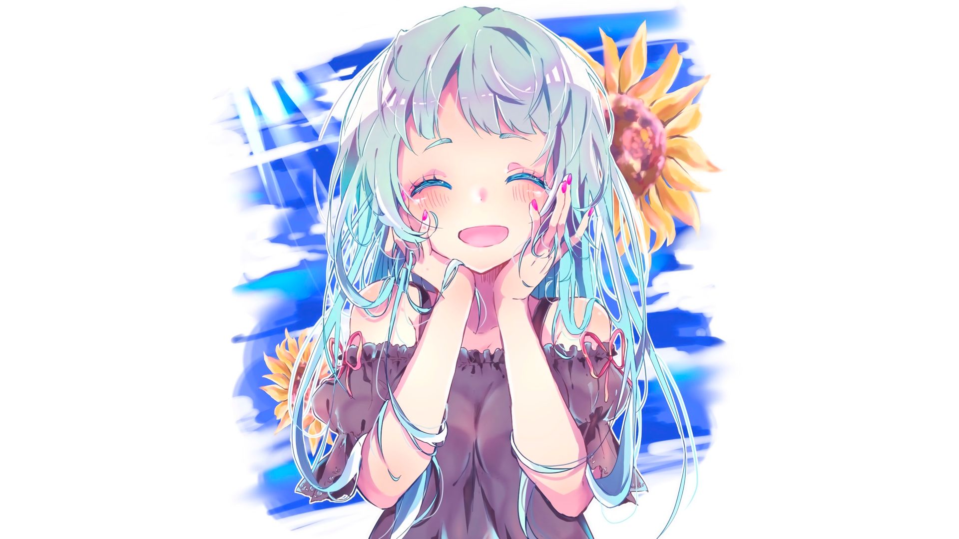 Laden Sie das Mädchen, Sonnenblume, Blaue Haare, Animes-Bild kostenlos auf Ihren PC-Desktop herunter