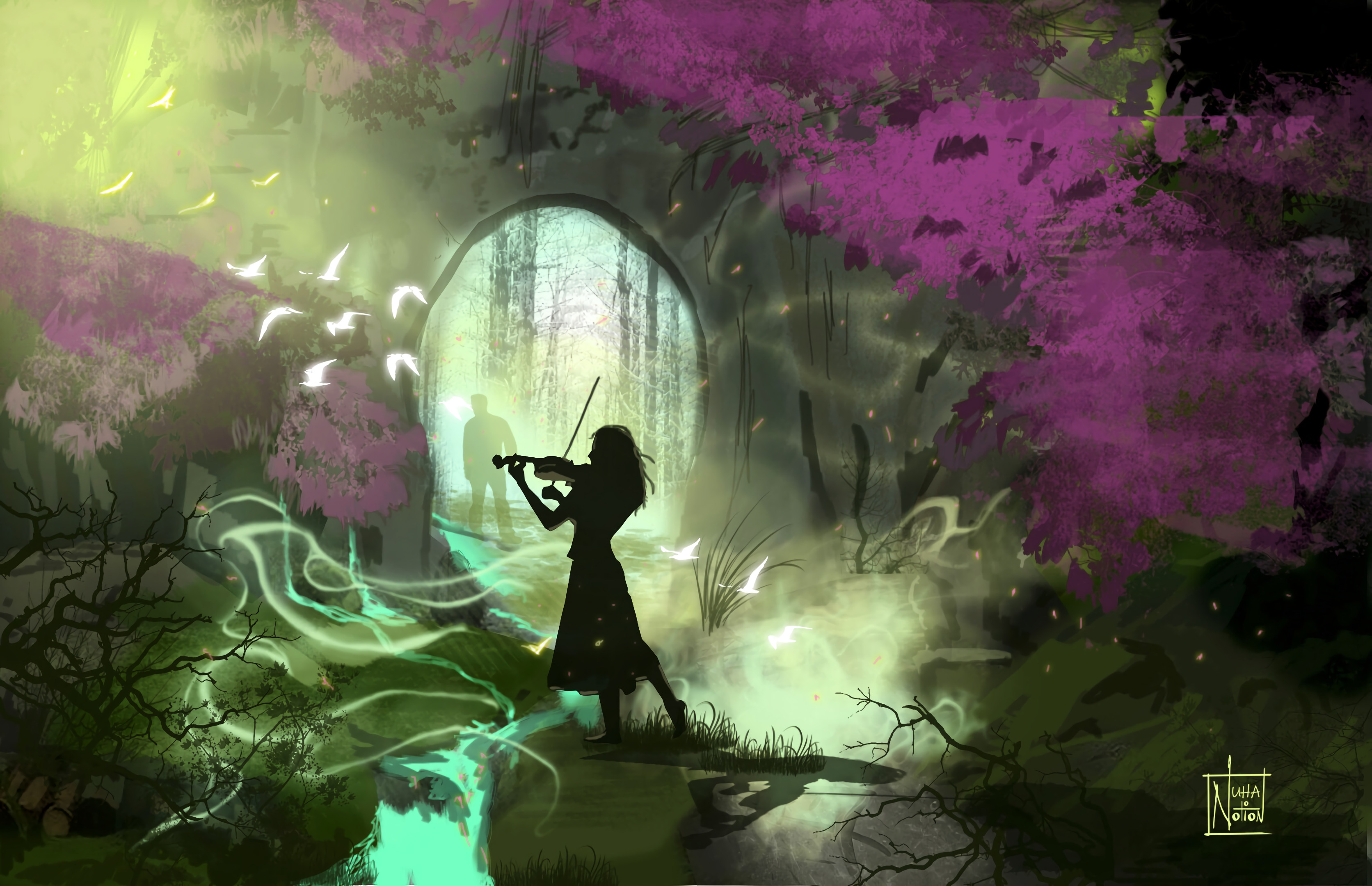 violin, art, girl, silhouettes, garden HD wallpaper