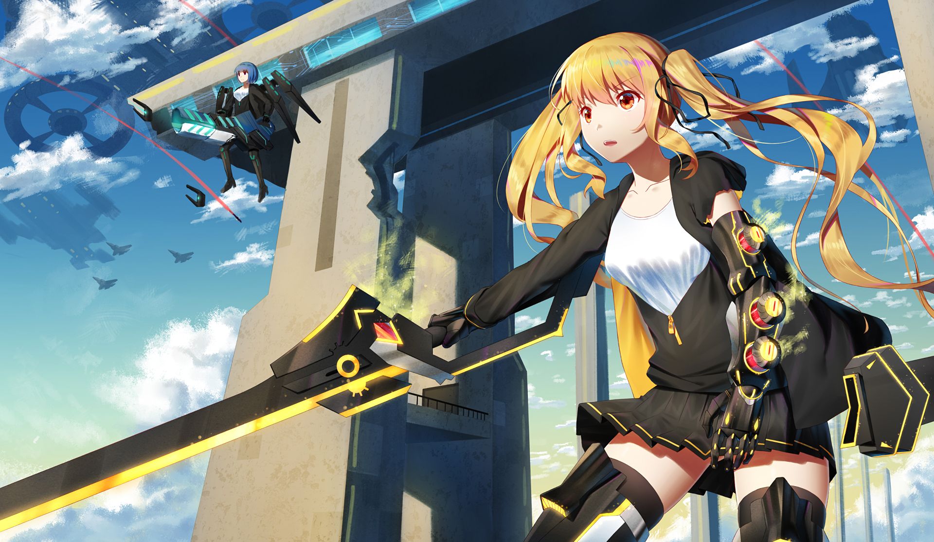 Free download wallpaper Anime, Weapon, Machine, Blonde, Sword, Original, Flying, Twintails on your PC desktop
