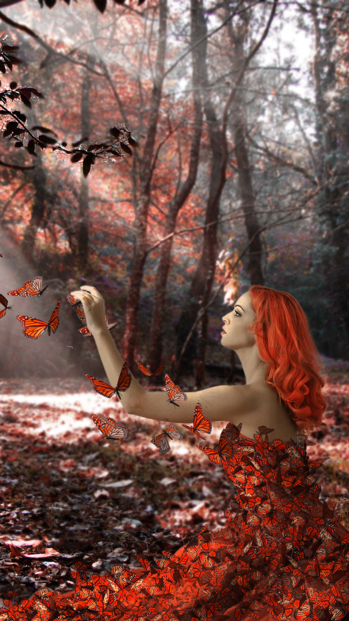 Download mobile wallpaper Fantasy, Forest, Butterfly, Redhead, Dress, Women, Sunshine for free.