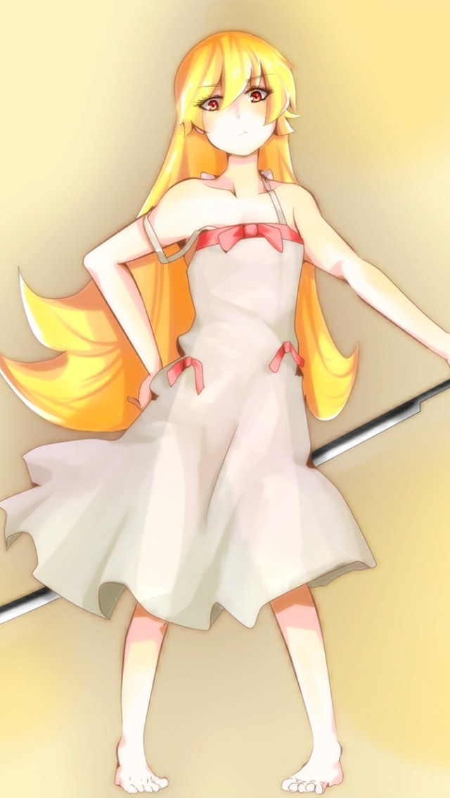 Handy-Wallpaper Blond, Kleid, Blondinen, Animes, Lange Haare, Monogatari (Serie), Shinobu Oshino, Orangefarbene Augen kostenlos herunterladen.