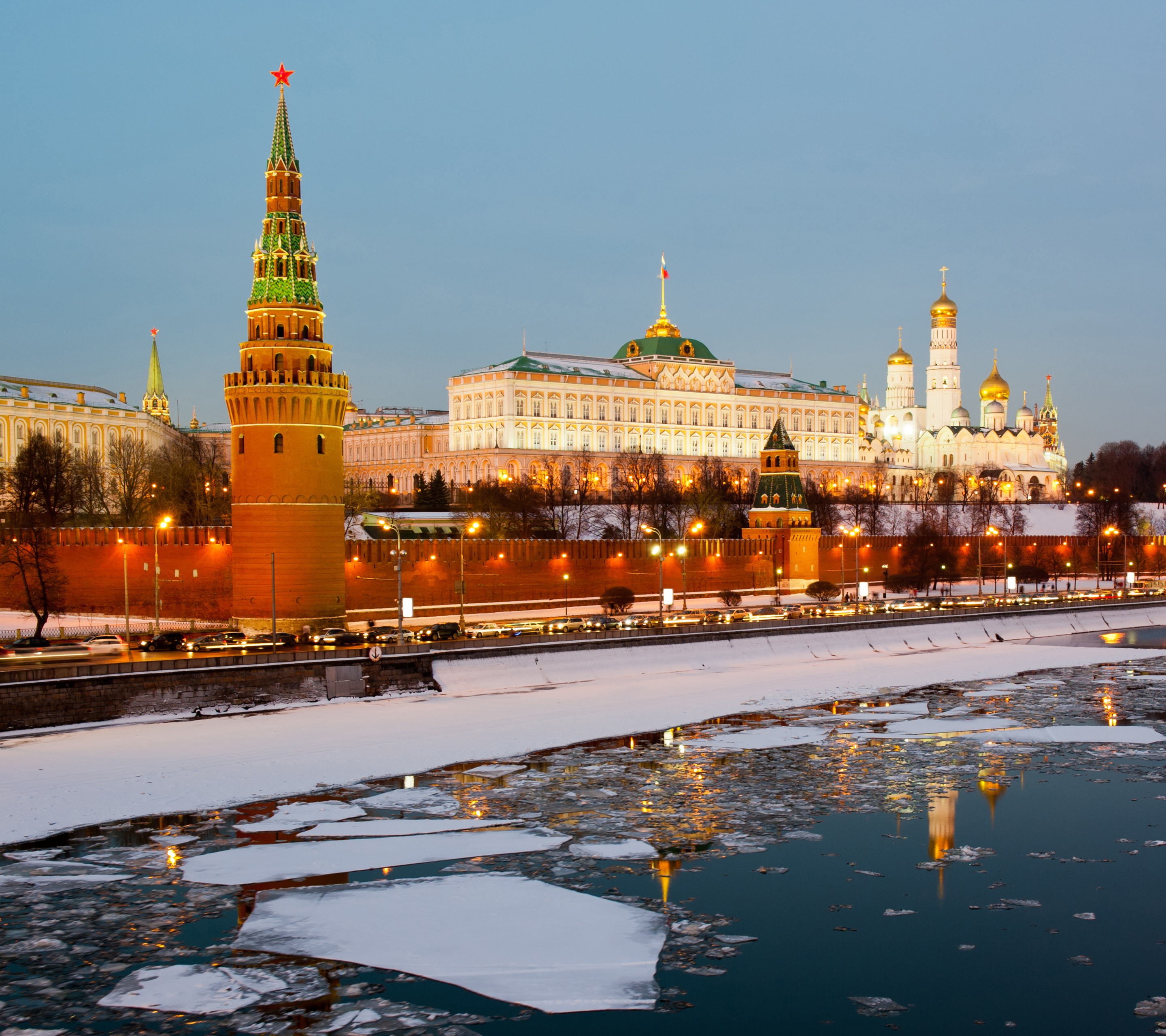 russia, man made, moscow kremlin, river, city, kremlin, ice, moscow, winter
