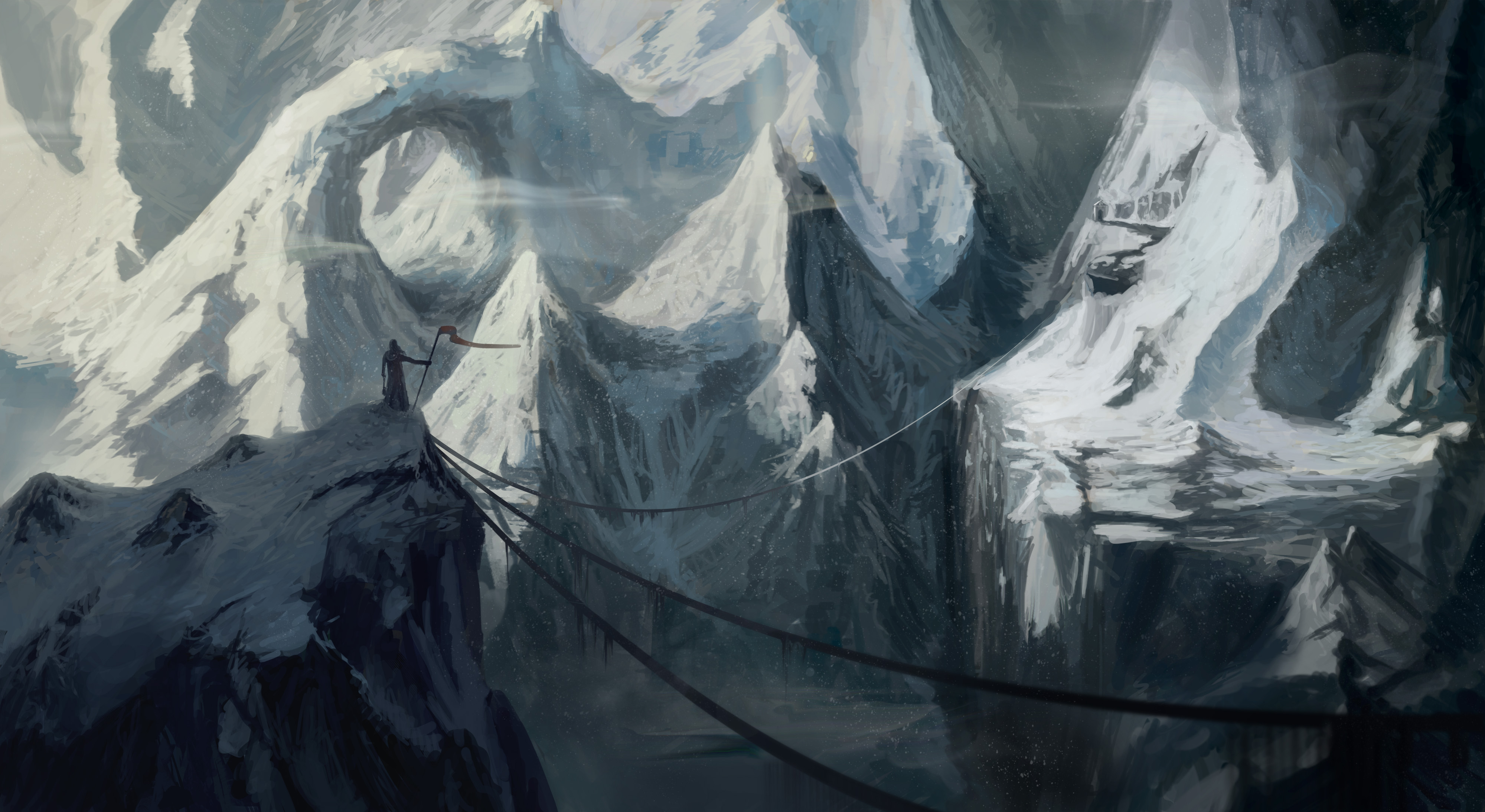 Free download wallpaper Landscape, Fantasy, Snow, Mountain, Cliff on your PC desktop