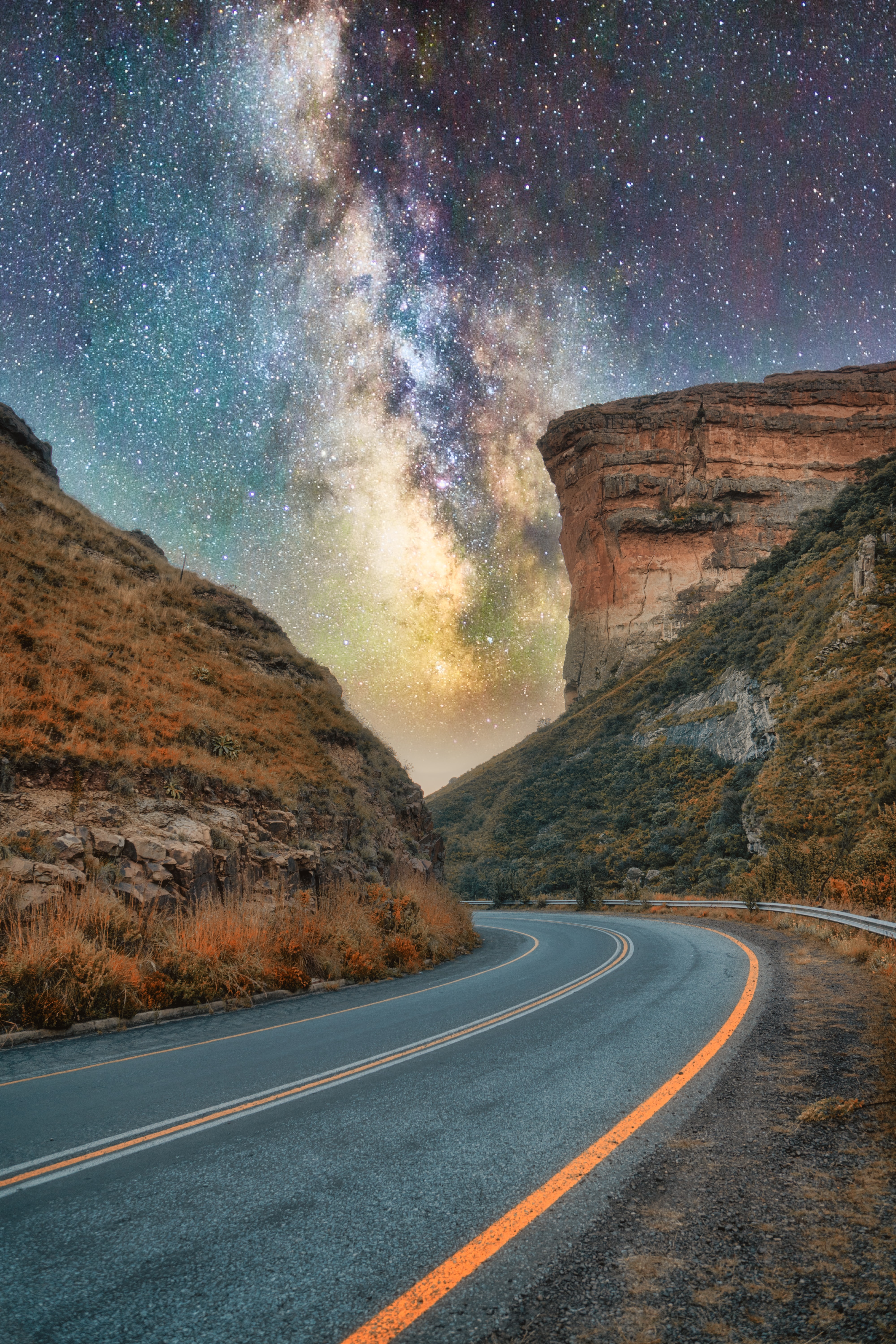 Download mobile wallpaper Rocks, Road, Nature, Starry Sky, Nebula, Canyon for free.