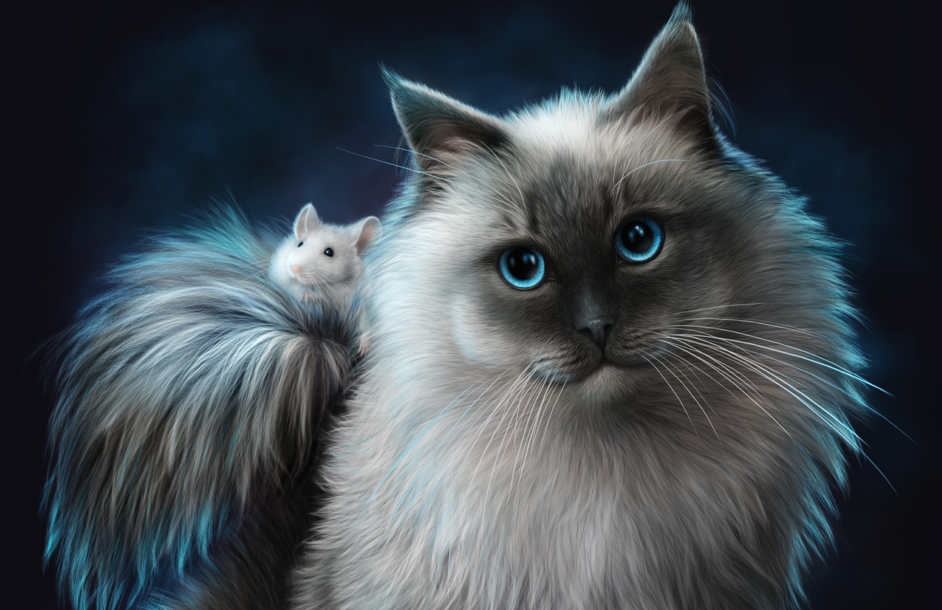 421669 завантажити шпалери фантазія, кішка, блакитні очі, друг, миша, фантазійні тварини - заставки і картинки безкоштовно