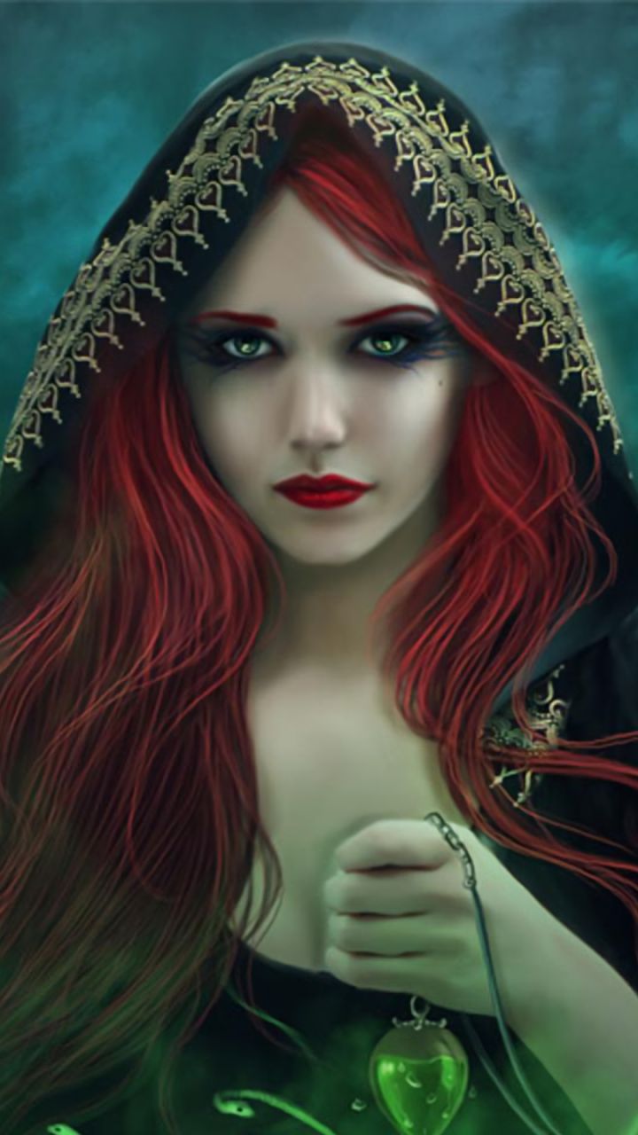 Download mobile wallpaper Fantasy, Hood, Women, Green Eyes, Red Hair, Lipstick for free.