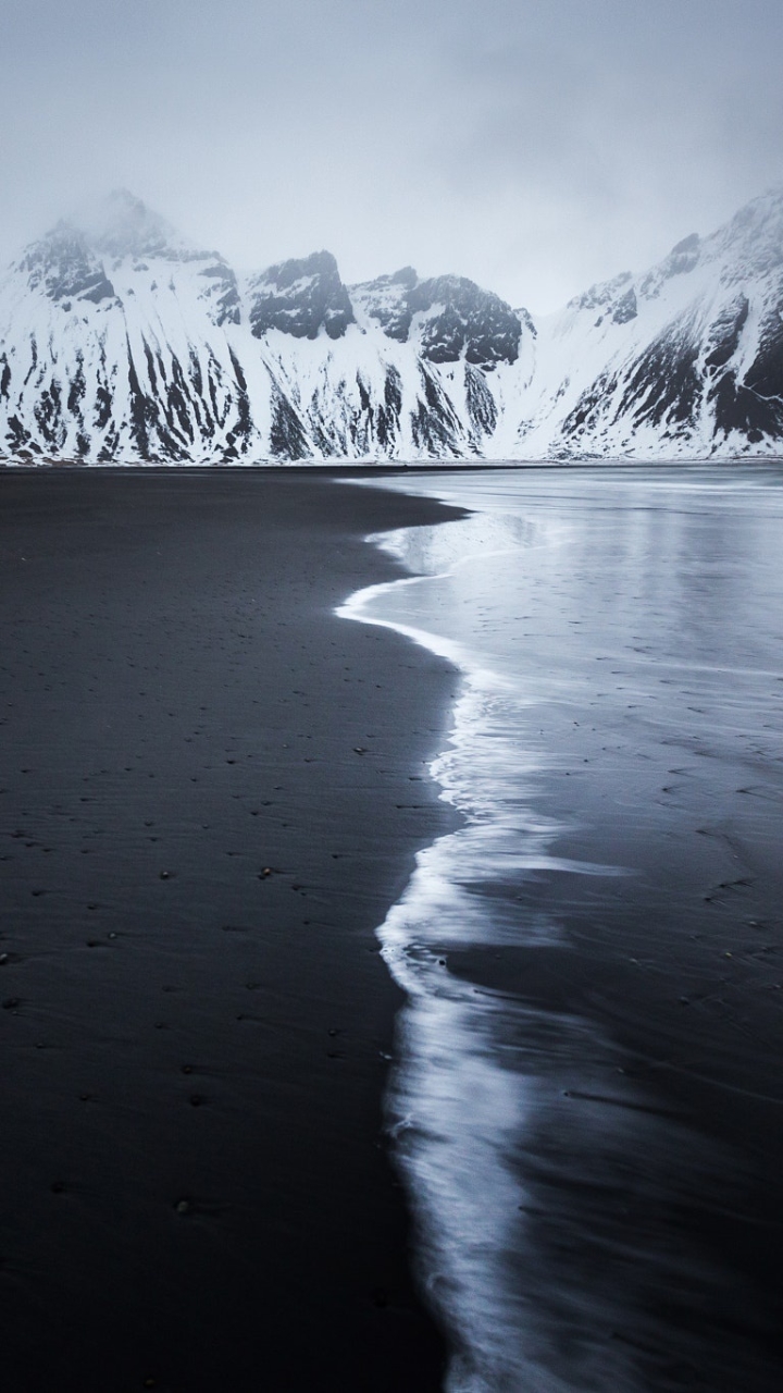 Download mobile wallpaper Nature, Mountains, Beach, Sand, Mountain, Fog, Earth, Vestrahorn for free.