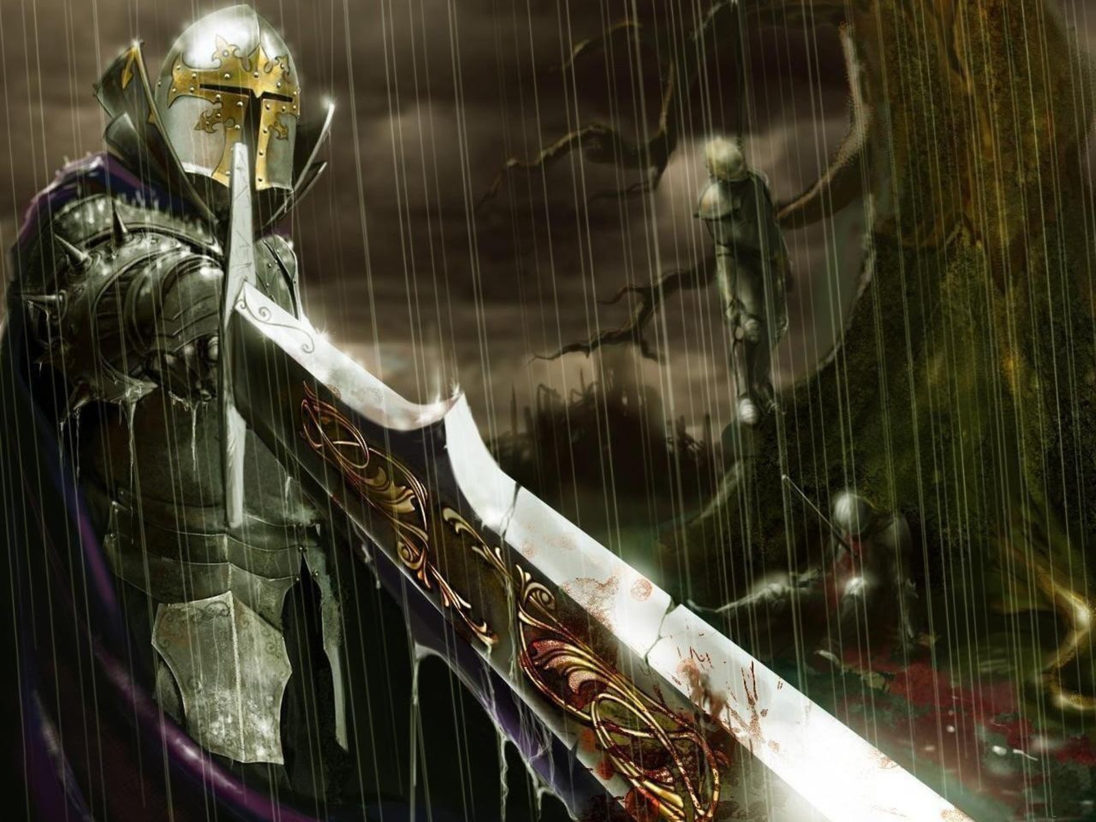 knight, fantasy, rain, sword