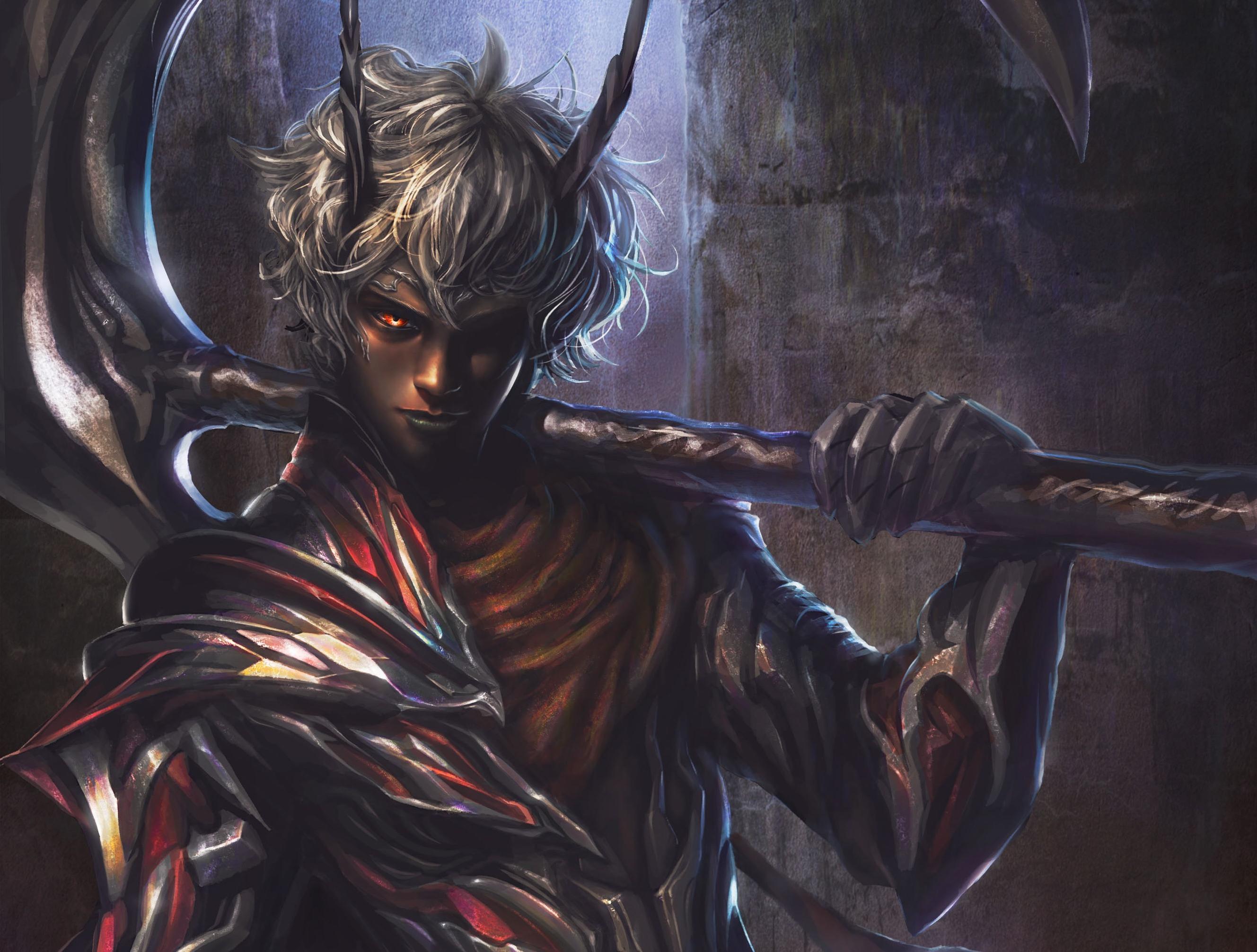 Free download wallpaper Fantasy, Warrior, Horns, Demon, Scythe on your PC desktop