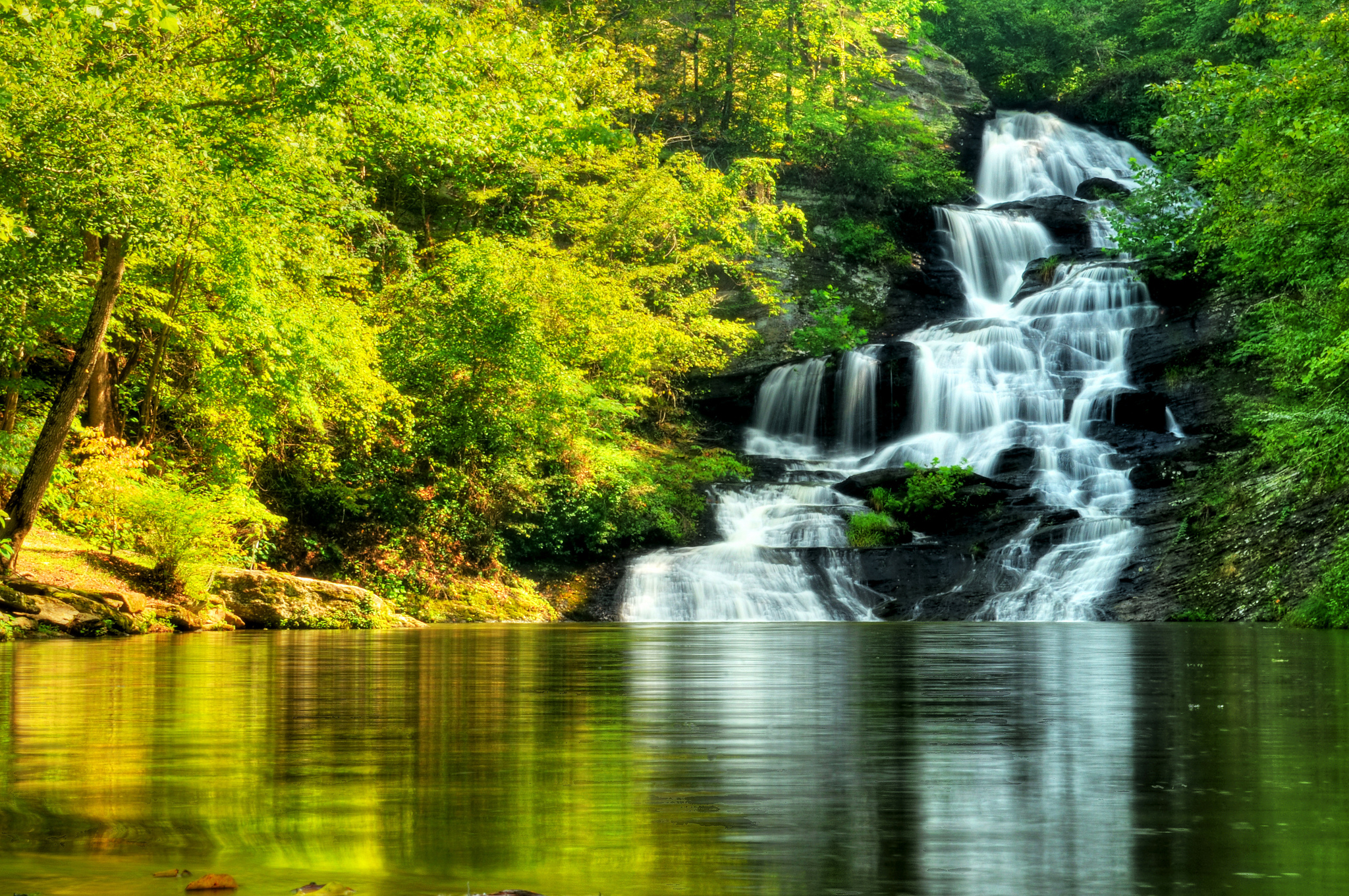 Скачать картинку Водопады, Водопад, Лес, Зеленый, Пруд, Земля/природа в телефон бесплатно.