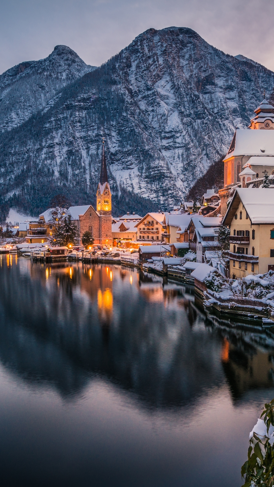 Download mobile wallpaper Winter, Mountain, Lake, Austria, Town, Hallstatt, Man Made, Towns for free.