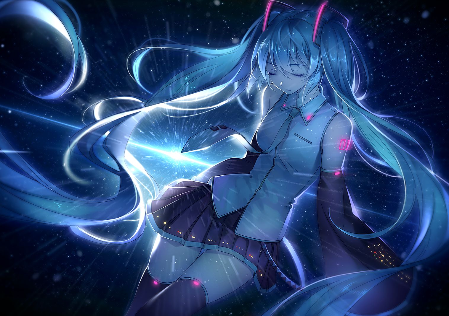 Download mobile wallpaper Music, Anime, Vocaloid, Skirt, Blue Eyes, Blue Hair, Hatsune Miku, Twintails for free.