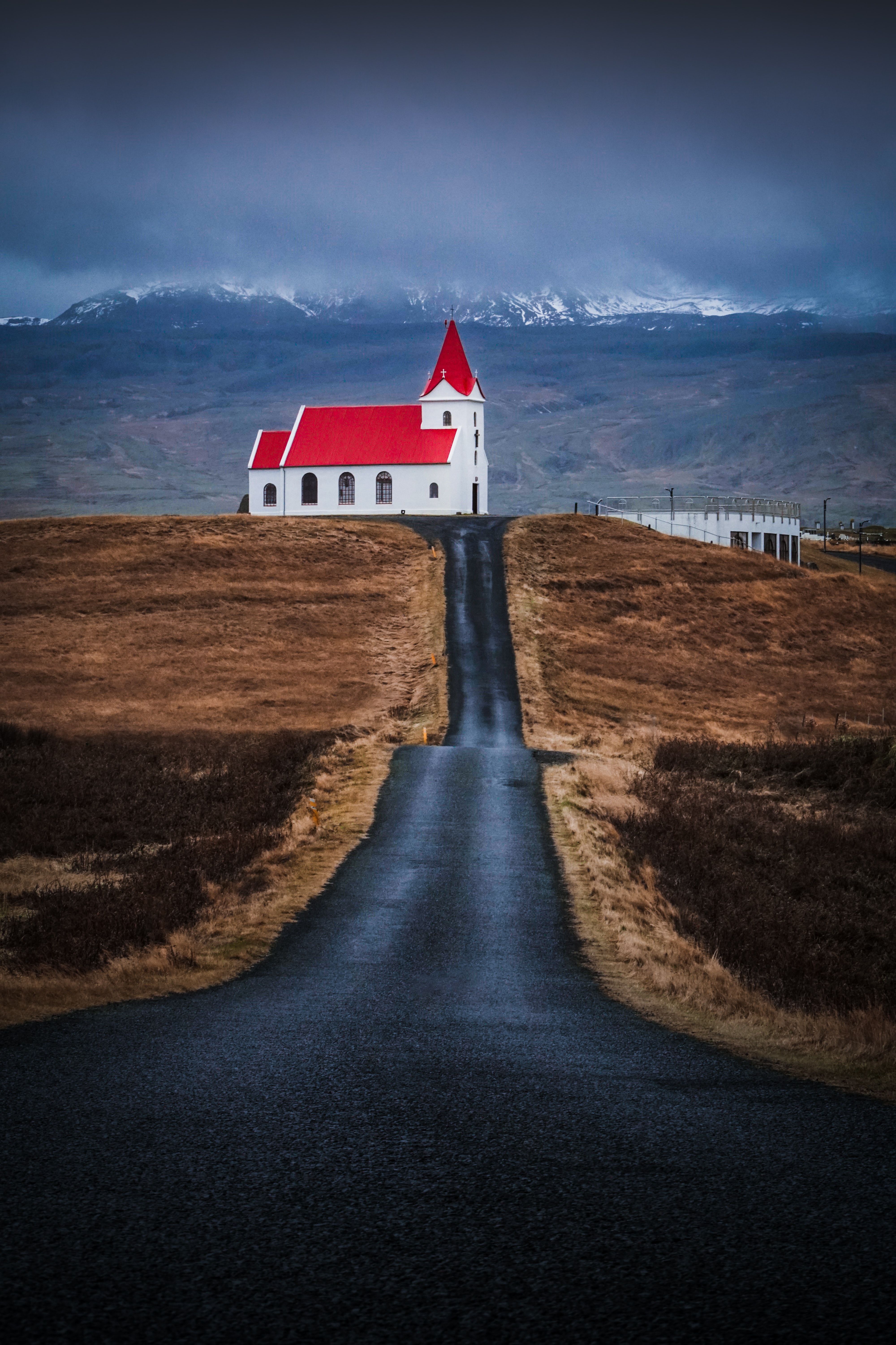 android church, nature, building, mountain, road