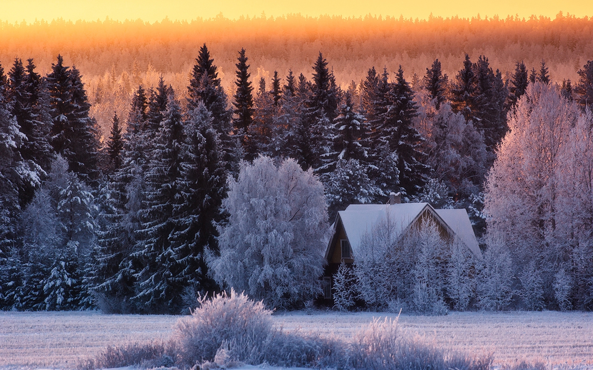 Download mobile wallpaper Winter, Sunset, Snow, Tree, House, Earth, Photography, Cottage for free.