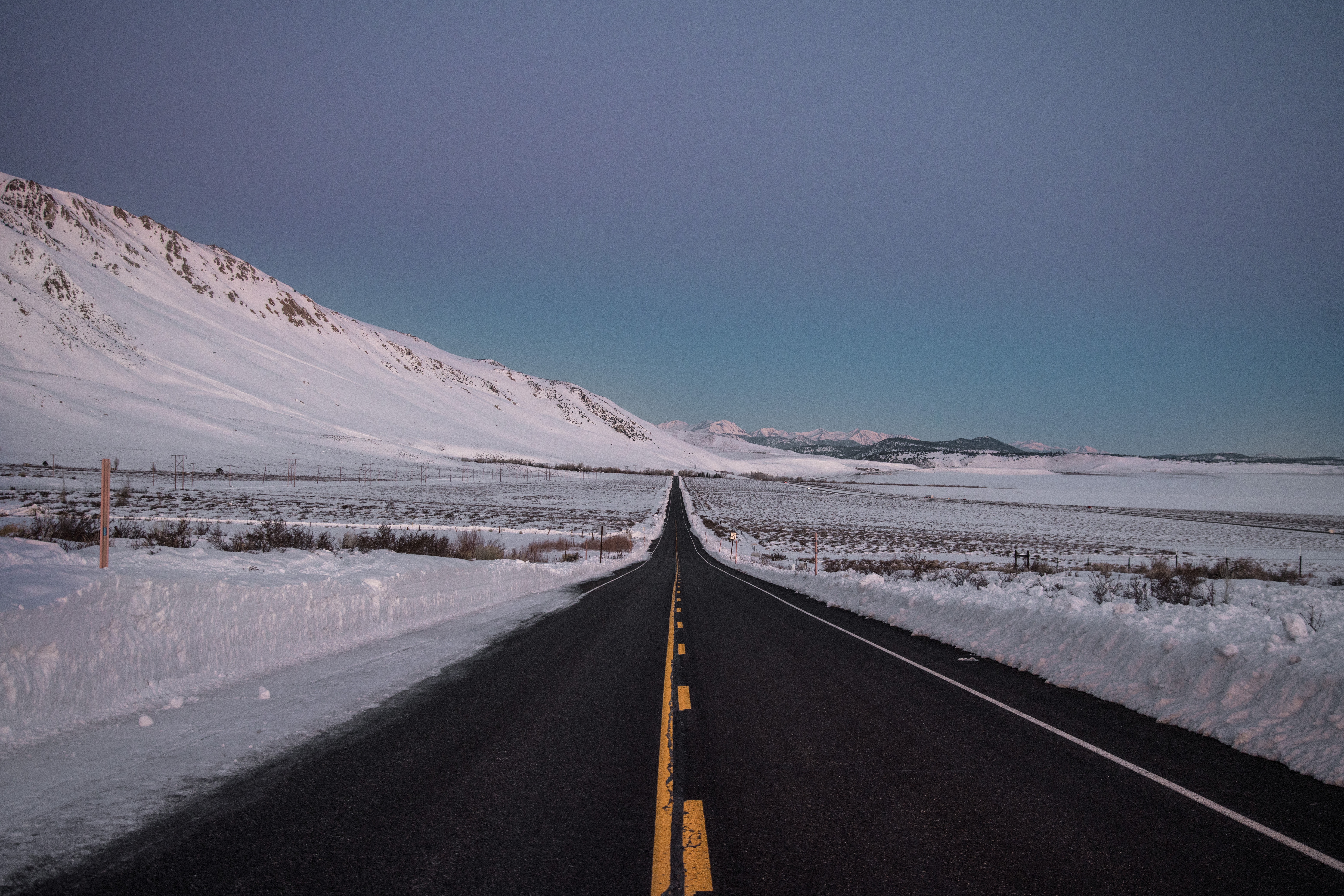 winter, nature, snow, horizon, road, asphalt, direction