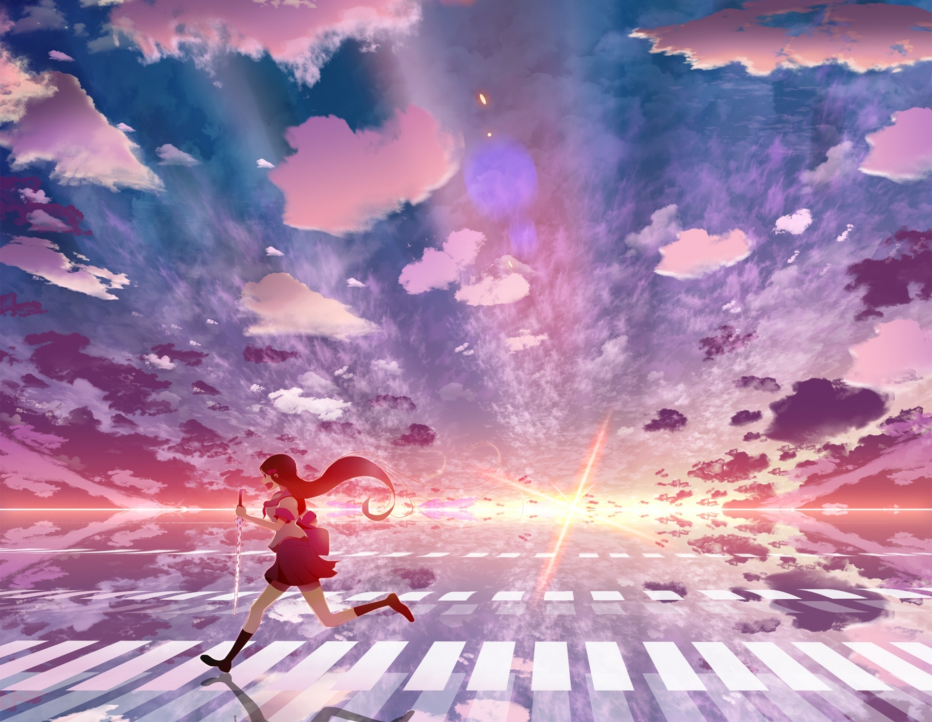 Download mobile wallpaper Anime, Sunset, Sky, Reflection, Cloud, Original, School Uniform for free.