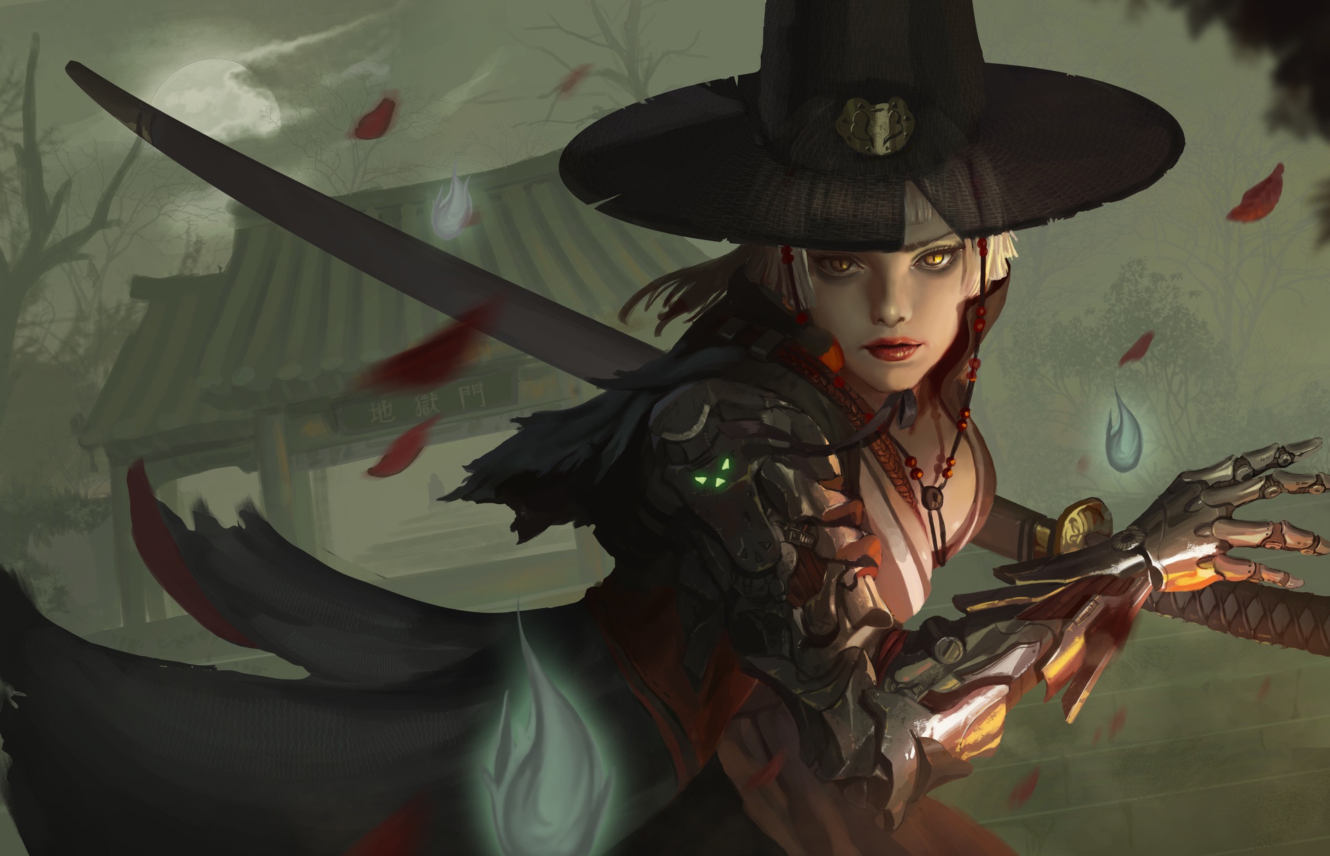 Free download wallpaper Sci Fi, Cyborg, Yellow Eyes, Sword, Woman Warrior, Witch Hat on your PC desktop