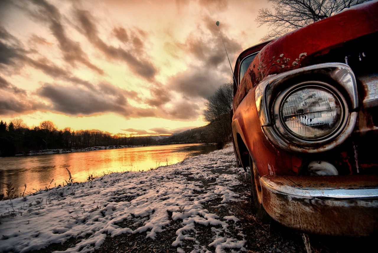 Download mobile wallpaper Winter, Sunset, Snow, Classic, Classic Car, Vehicles for free.