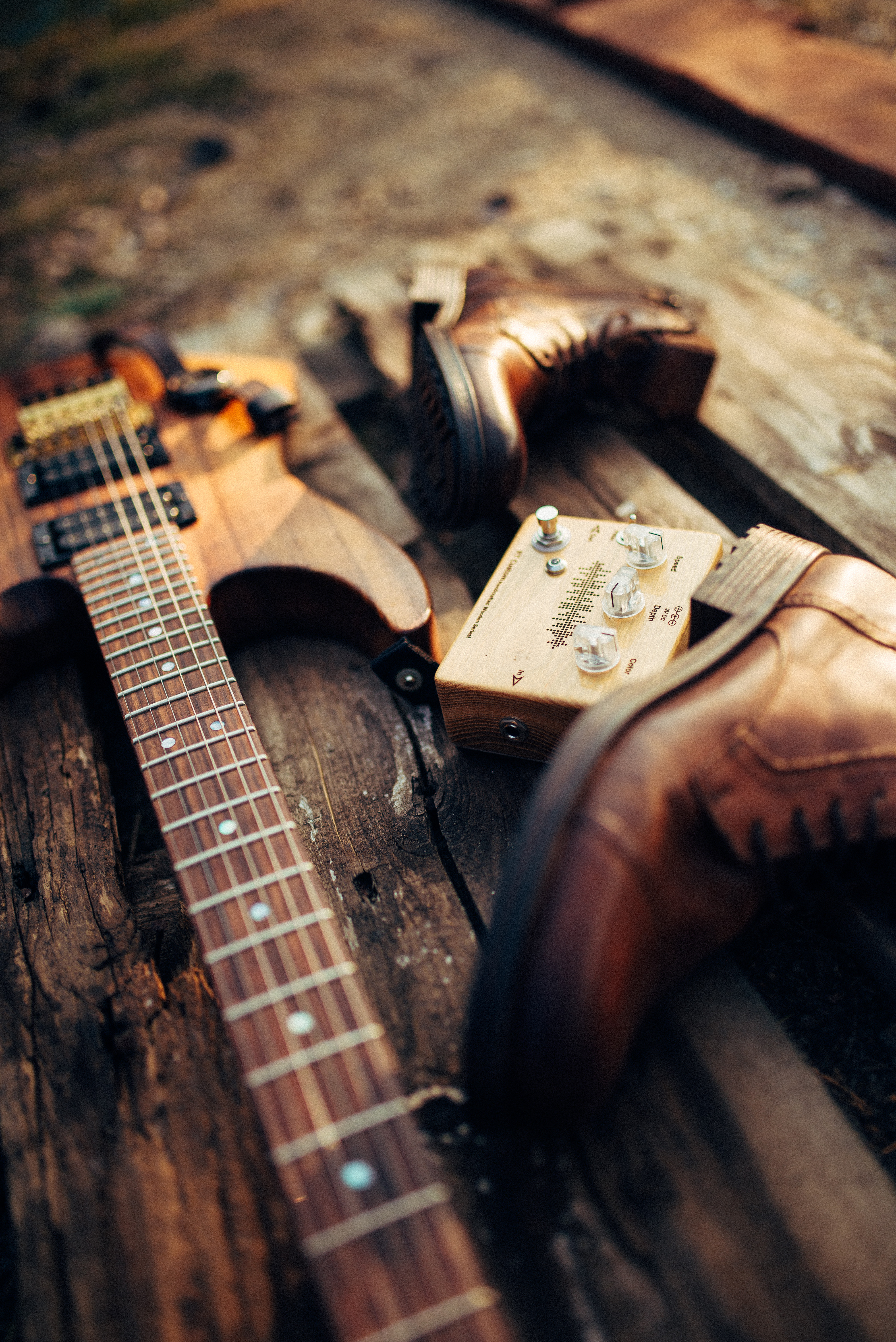 Download mobile wallpaper Boots, Wood, Guitar, Shoes, Wooden, Equipment, Music for free.