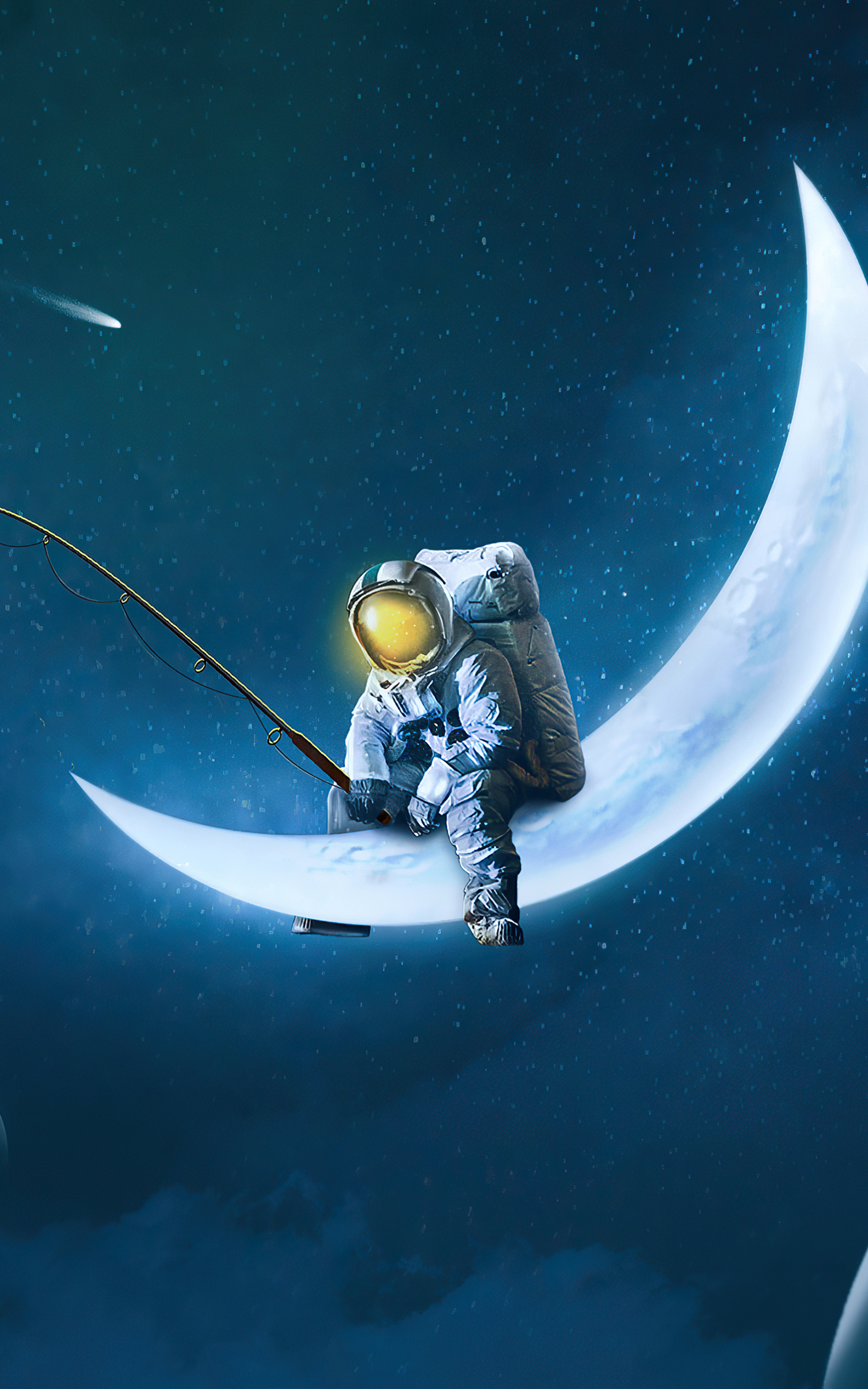 Скачать картинку Луна, Астронавт, Научная Фантастика, Ловит Рыбу в телефон бесплатно.