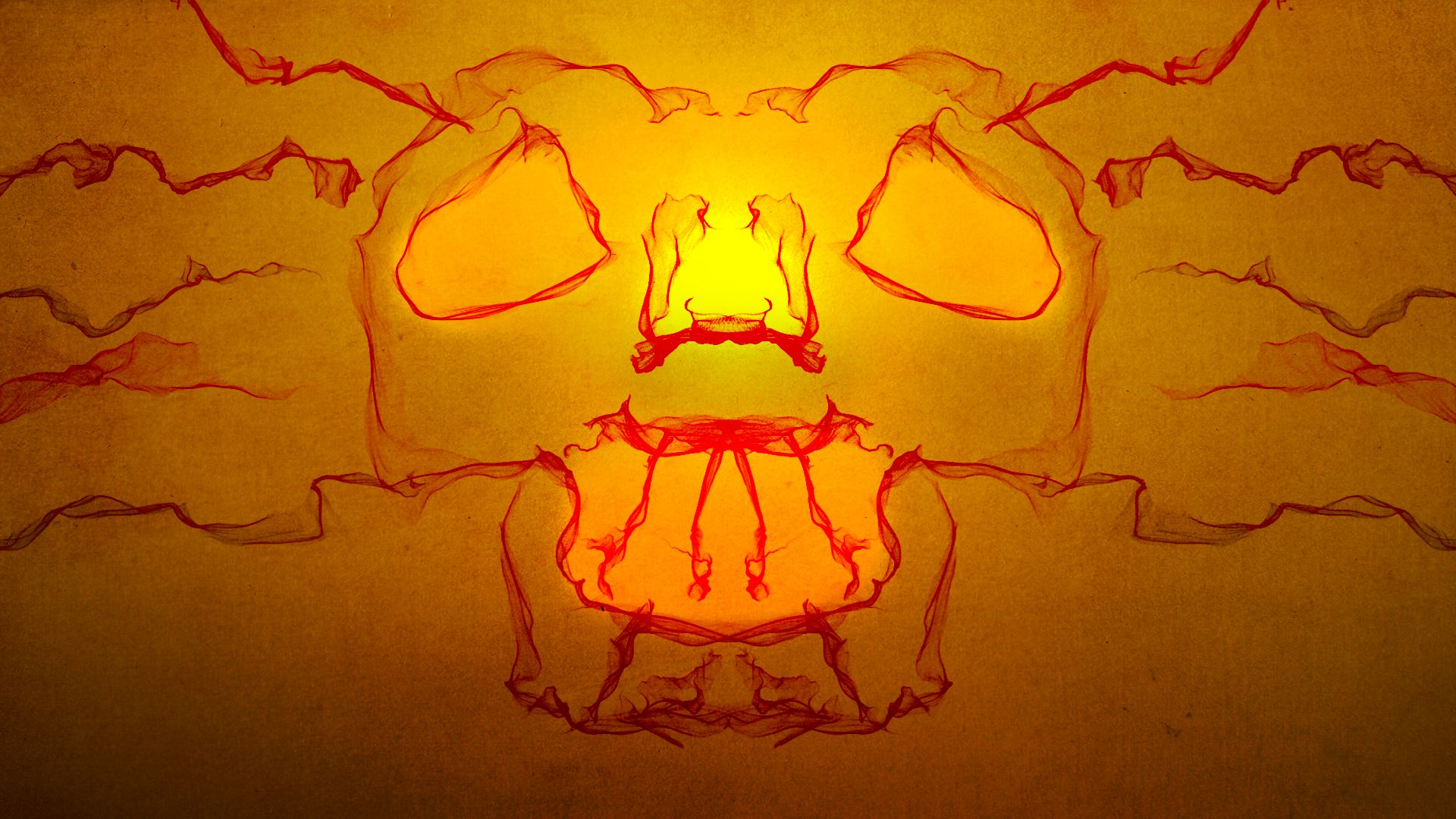 Скачать обои бесплатно Дым, Неон, Монстр, Череп, Абстрактные, Оранжевый Цвет) картинка на рабочий стол ПК