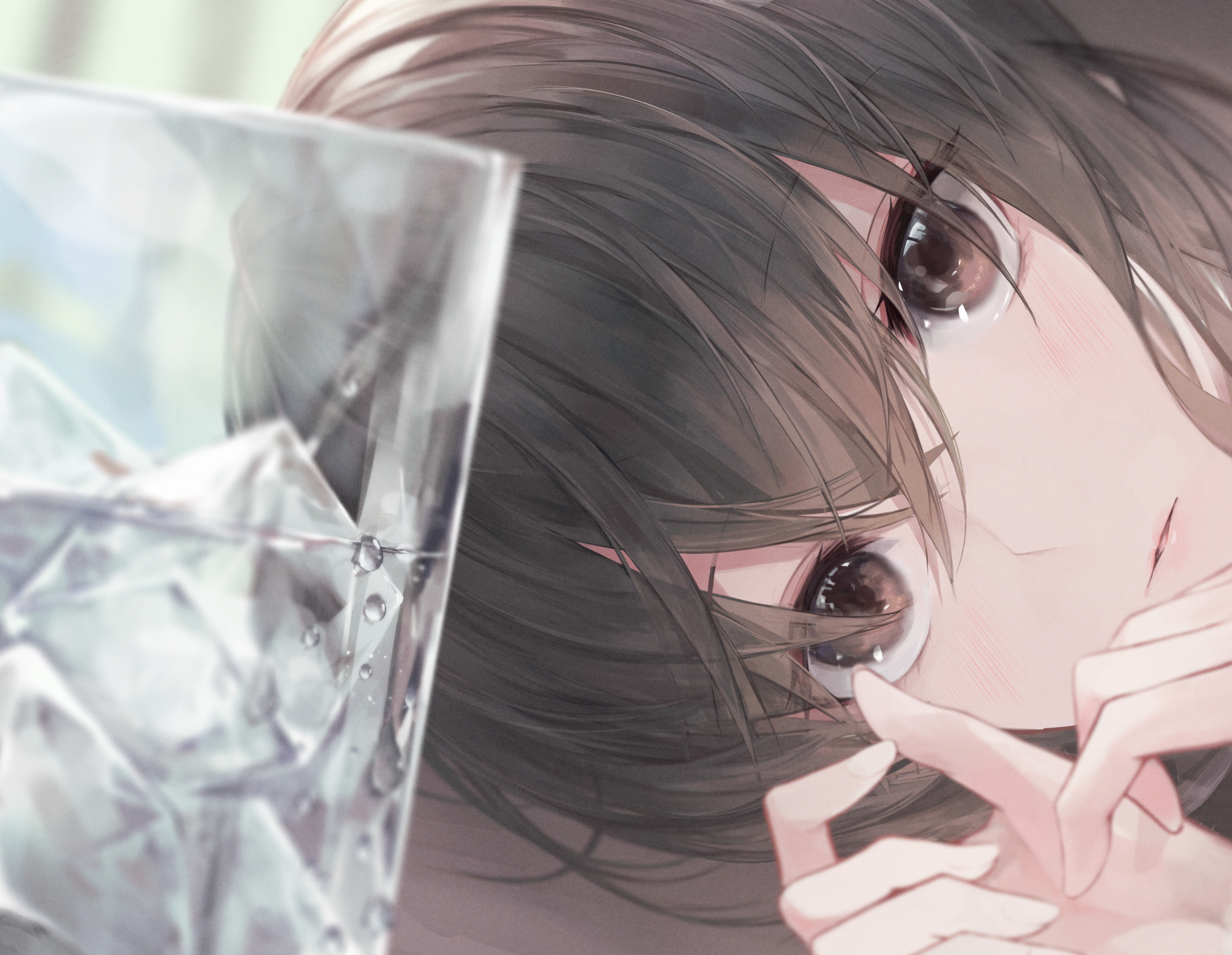 Download mobile wallpaper Anime, Water, Glass, Original, Brown Eyes, Brown Hair for free.