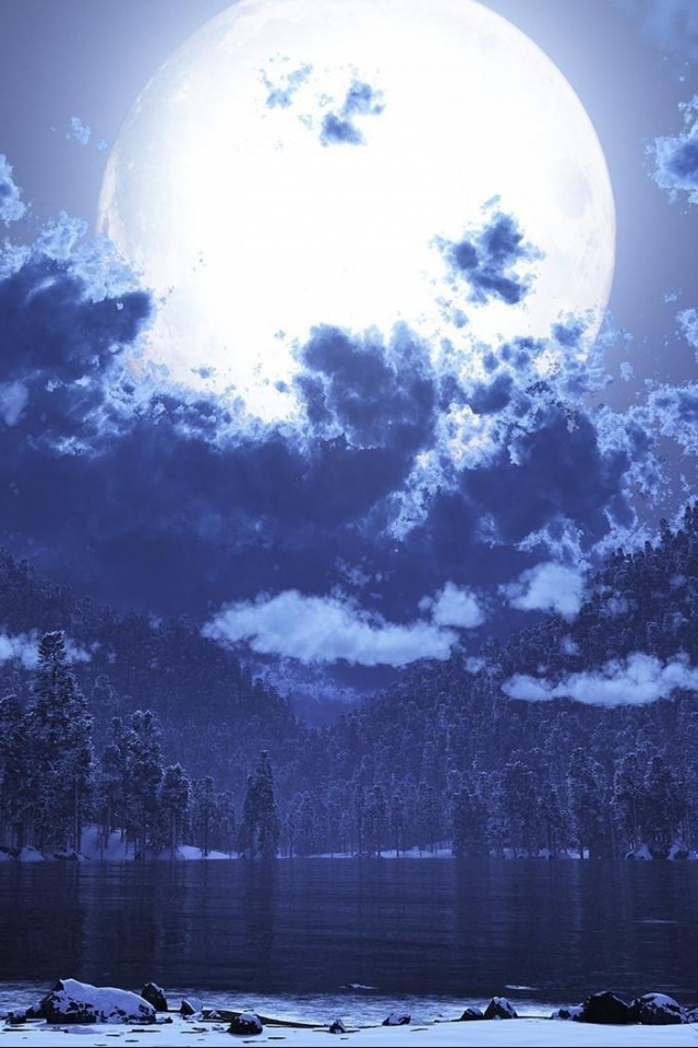 Download mobile wallpaper Landscape, Water, Fantasy, Night, Moon, Lake, Forest, Cloud for free.