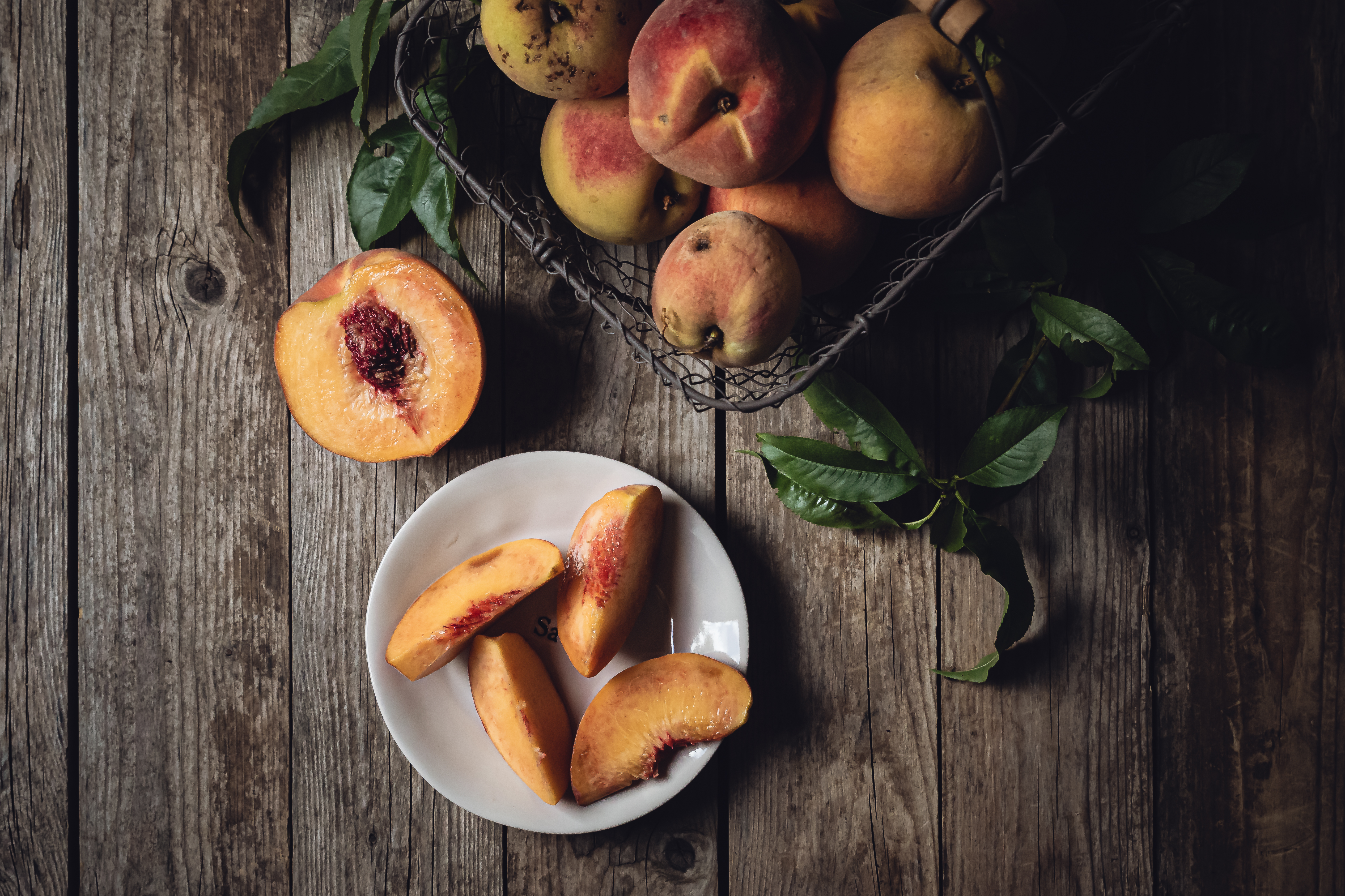 peach, food, wood, wooden, plate, fruit
