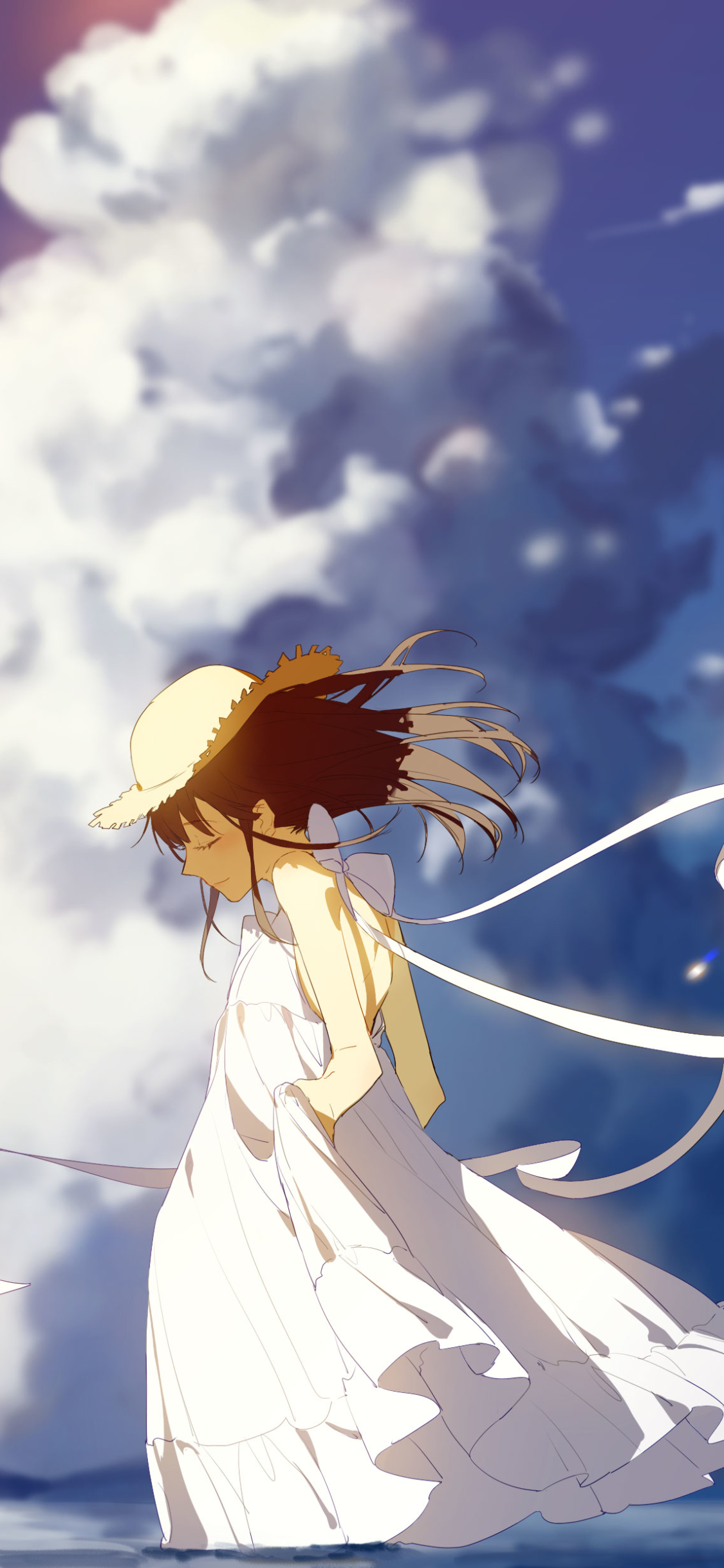 Download mobile wallpaper Anime, Cloud, Hat, Original, Brown Hair, White Dress for free.